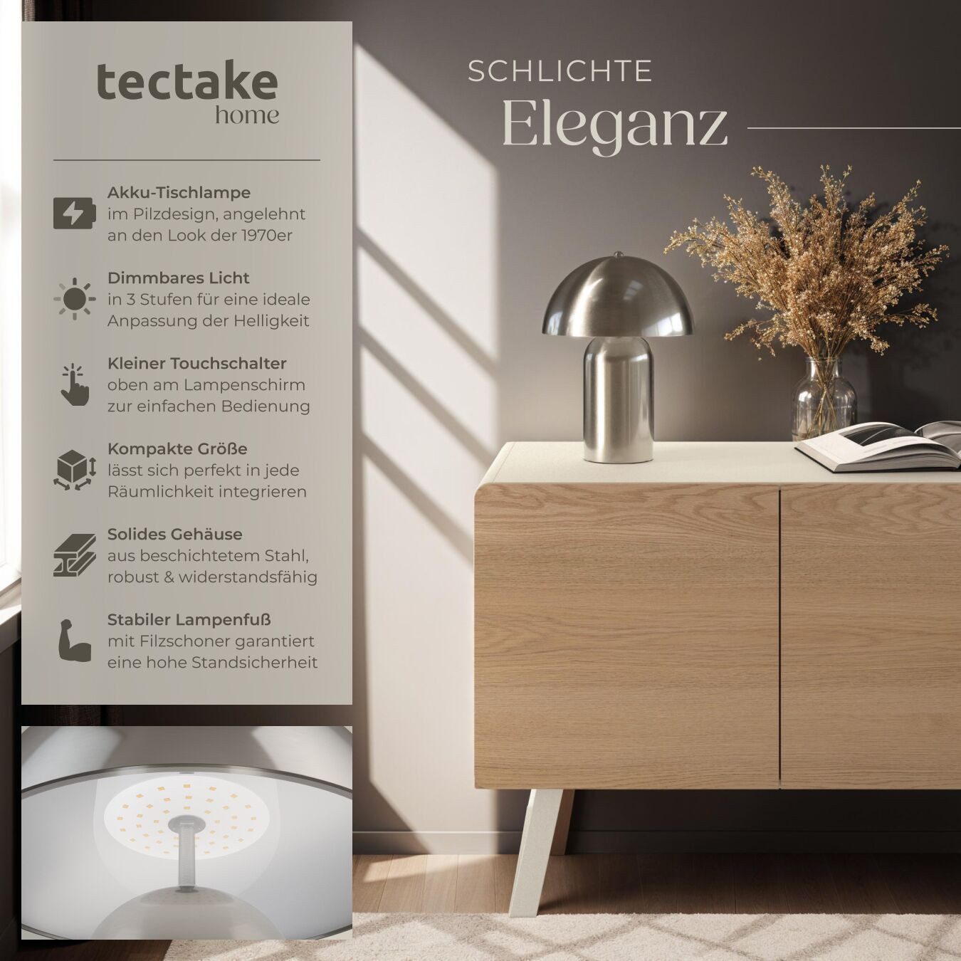 tectake Schreibtischlampe Akku-Tischlampe, Dimmbar, nicht relevant, Kleine Retro-Tischleuchte im angesagten Pilzdesign der 70er-Jahre
