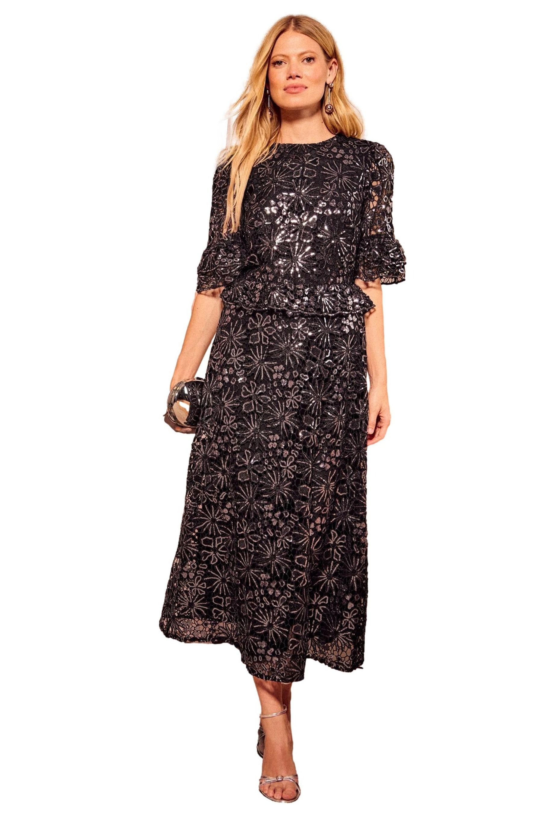 Love & Roses Midikleid Love & Roses Midi-Spitzenkleid mit Pailletten (1-tlg)