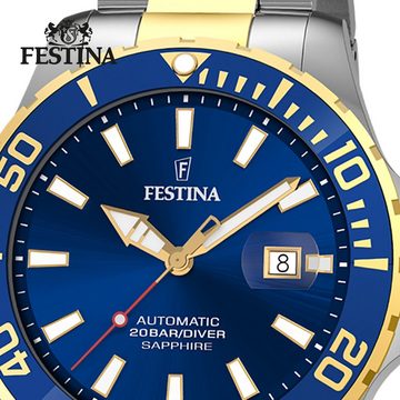 Festina Quarzuhr Festina Herrenuhr Automatik, Herren Armbanduhr rund, Edelstahlarmband silber, gold, Elegant