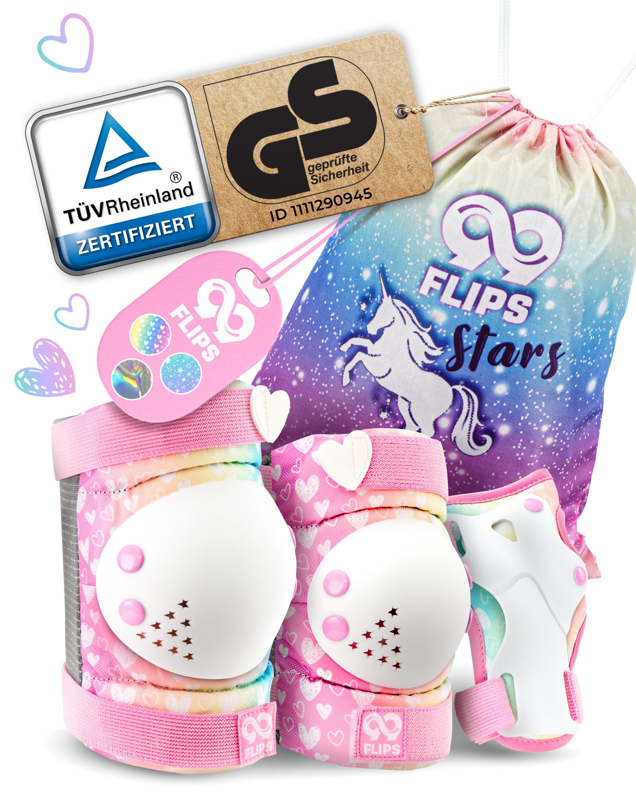 99FLIPS Protektoren-Set 3-12 Jahre - Einhorn Knieschoner Kinder Schlittschuh Schoner Set (Schützer Set Kinder für Skateboard Inline Skates Rollschuhe, 7-tlg., Knieschützer, Ellenbogen Schoner, Handschoner mit Einhorn Tasche), Schützer für kinder Mädchen K