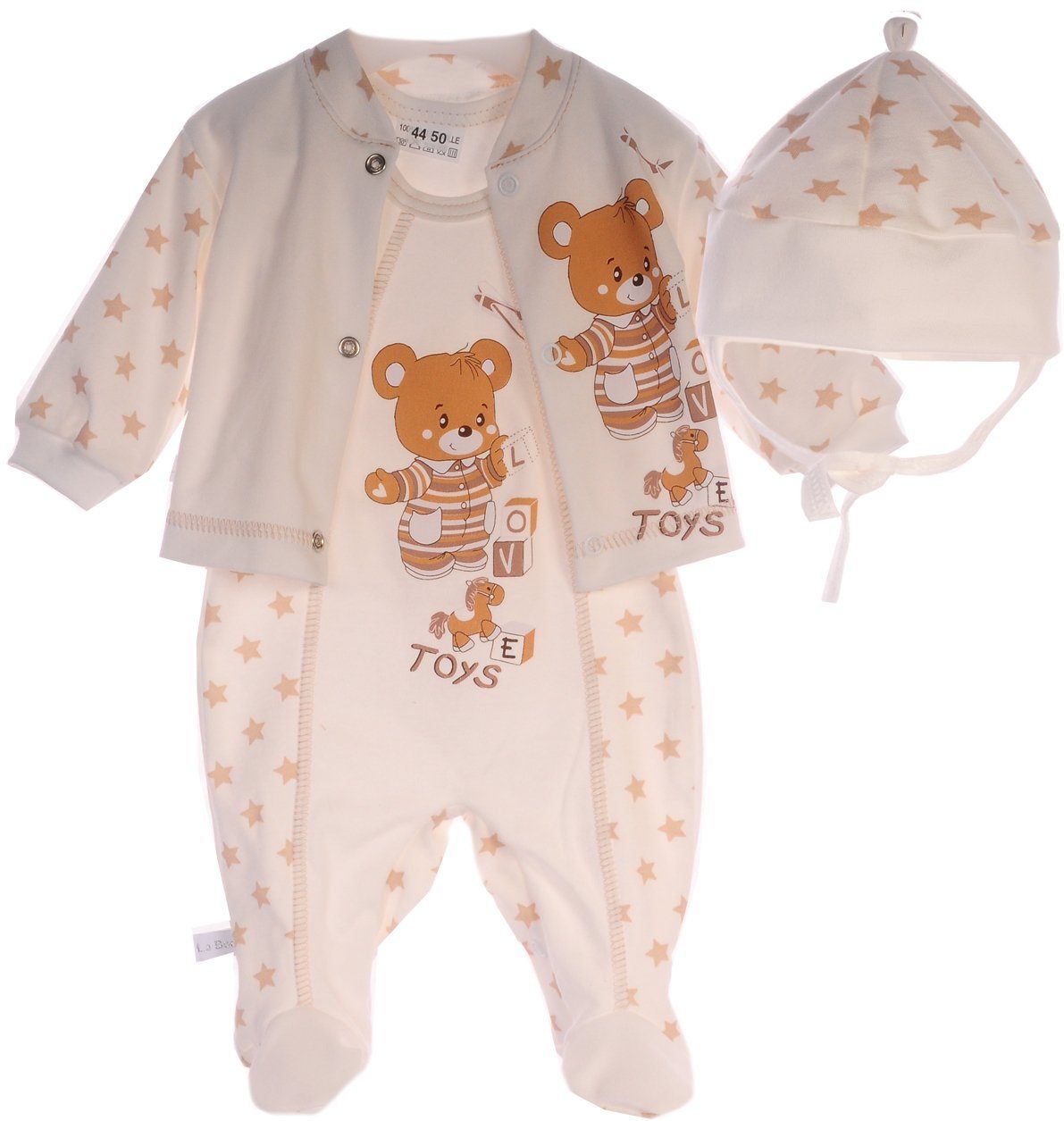 La Bortini Повзунки Повзунки Mütze Hemdchen Set Baby Anzug in Creme mir Bärchen aus reiner Baumwolle, 44 50 56 62 68 74