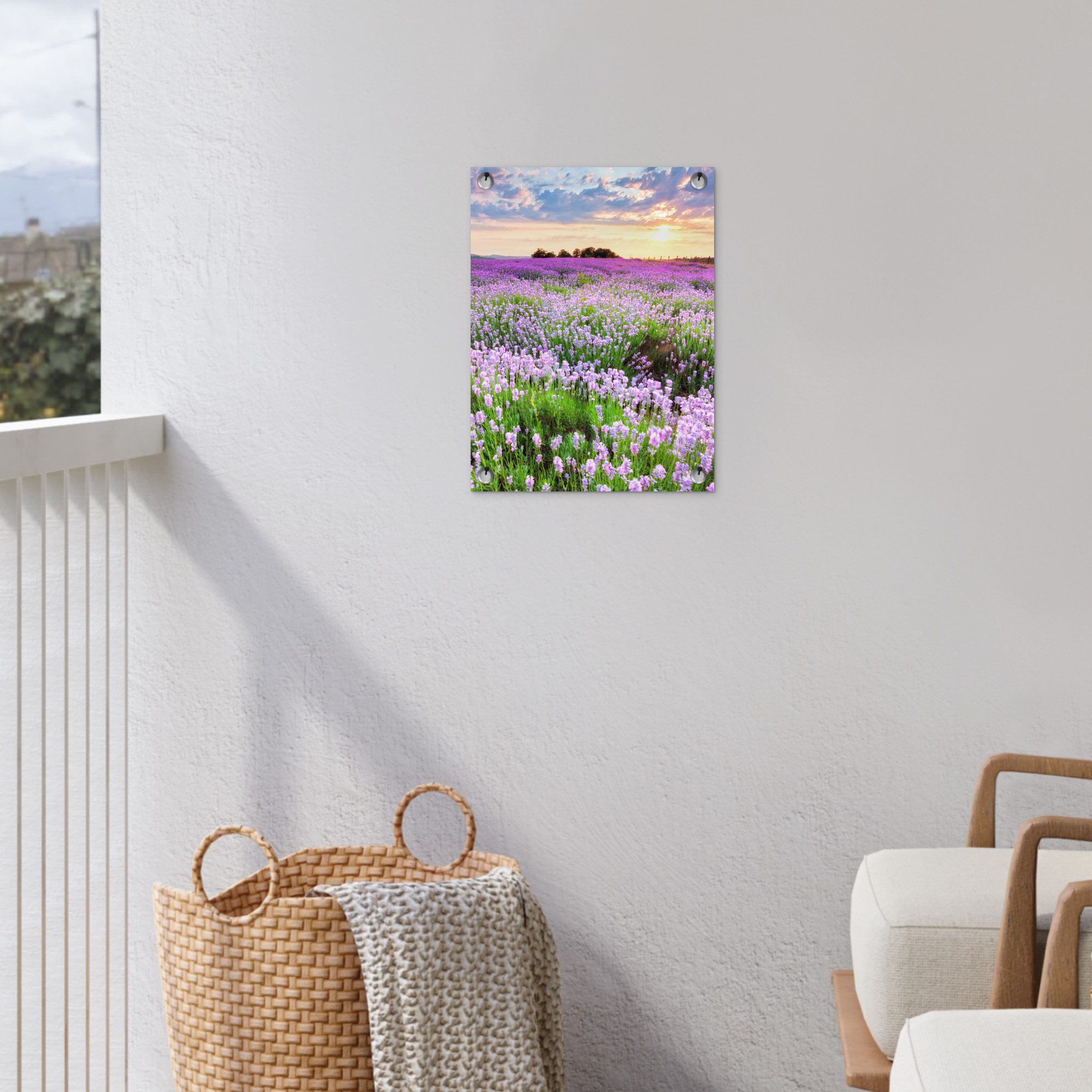 OnlyWow Poster für Garten Blumen - Lavendel - Lila - Himmel - Sonnenuntergang - Wiese, Gartenposter, Outdoor Bilder, Gartendeko für draußen, 30x40 cm