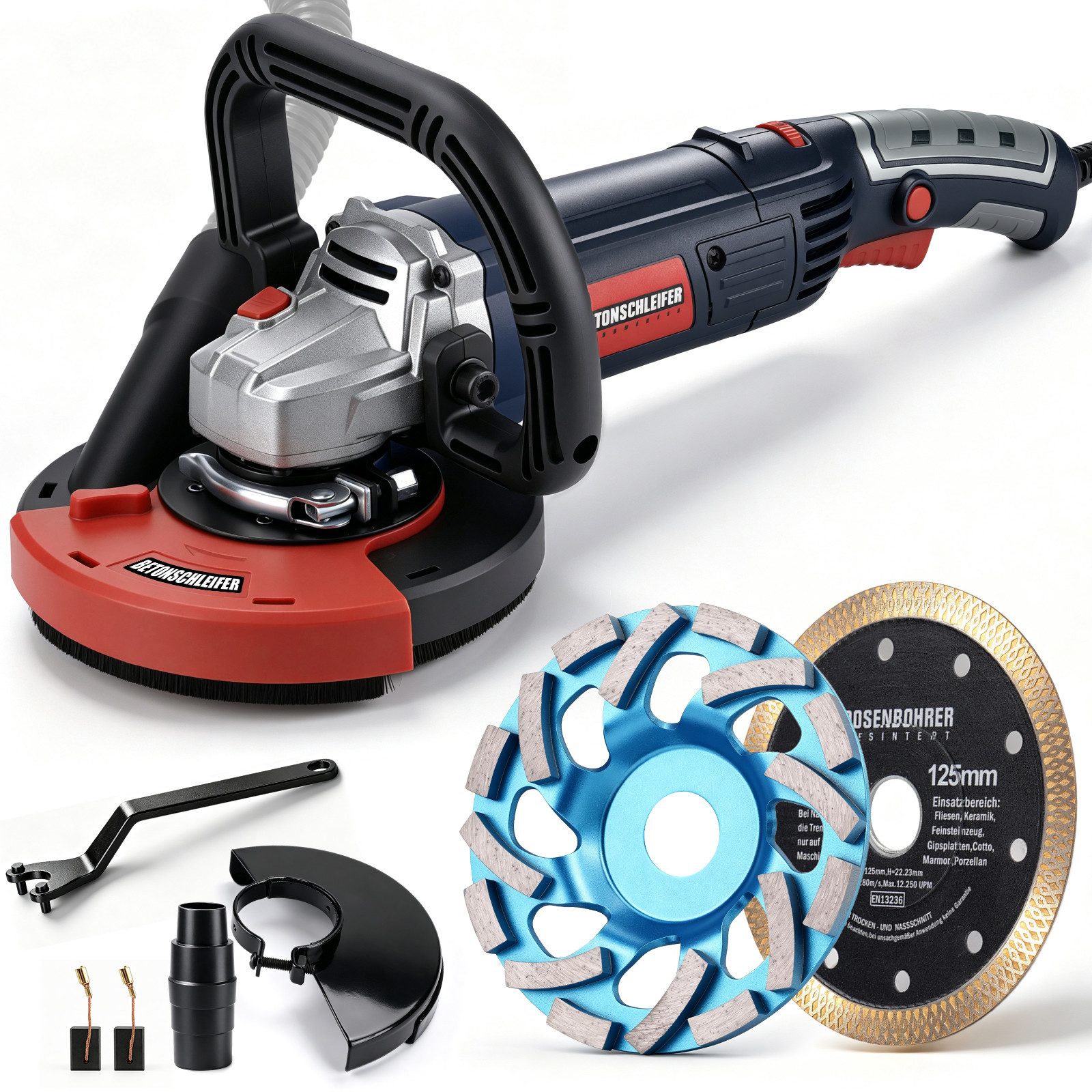 XIIW Winkelschleifer Betonschleifer Betonfräse Set mit Diamantschleiftopf & Trennscheibe, max. 9000 U/min, (Set, 7 tlg., 2100W/125mm, inkl. Metallschutzhaube), für Beton Estrich Stein Fliesen