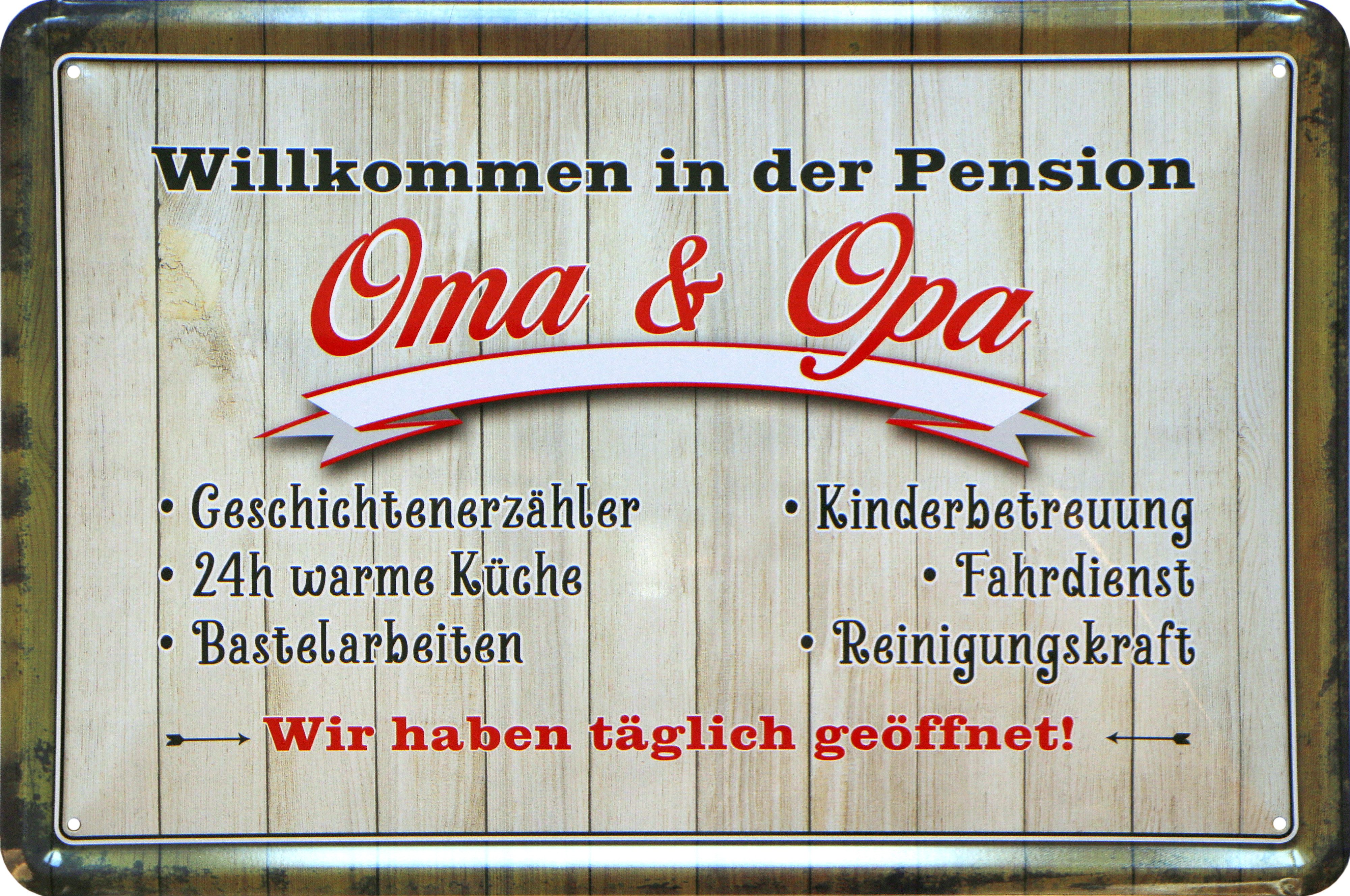 WOGEKA ART Metallbild Pension Oma und Opa - 20 x 30 cm Retro Blechschild, Metallschild Wanddeko Spruch Schild Wandbild Türschild Großeltern