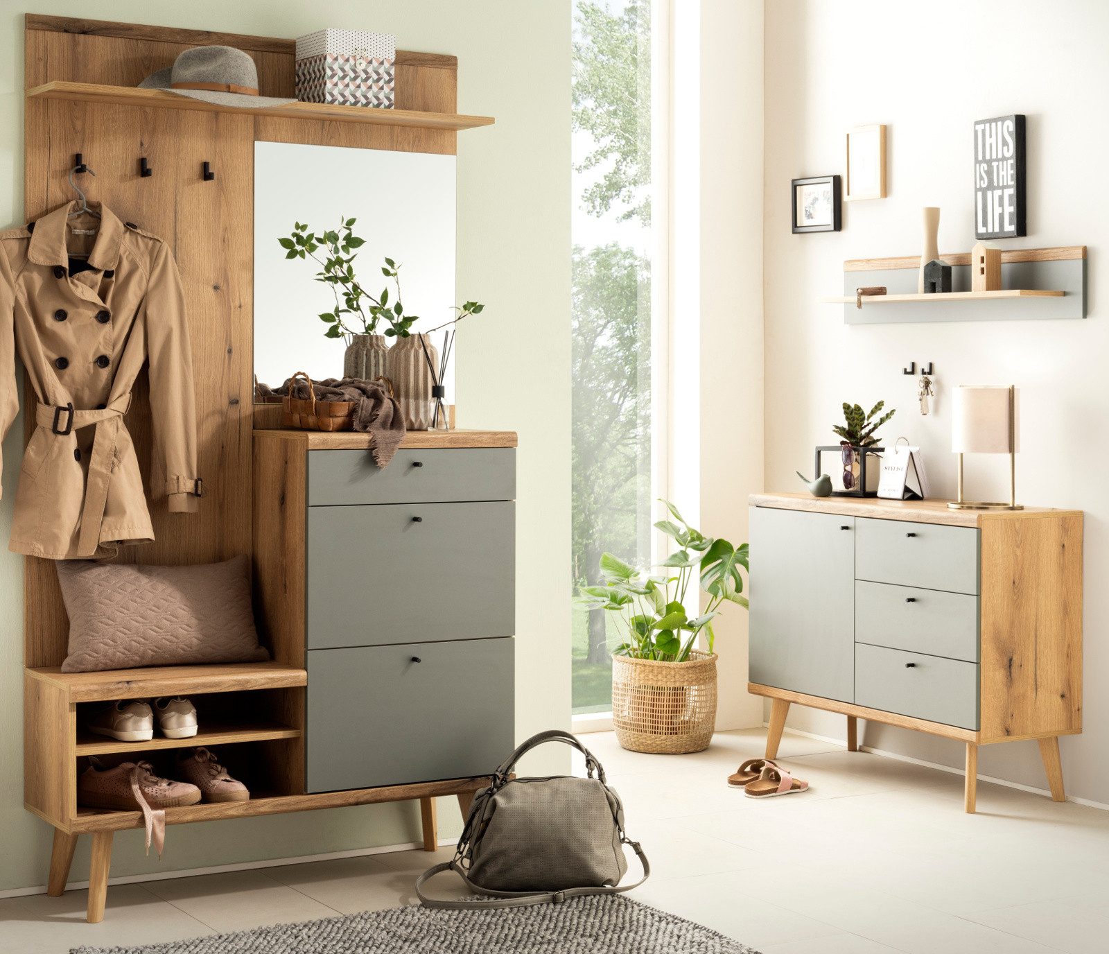 Furn.Design Garderoben-Set Juna, (Kompaktgarderobe und Kommode, 3-St., Evoke Eiche und Salbei grün), mit viel Stauraum