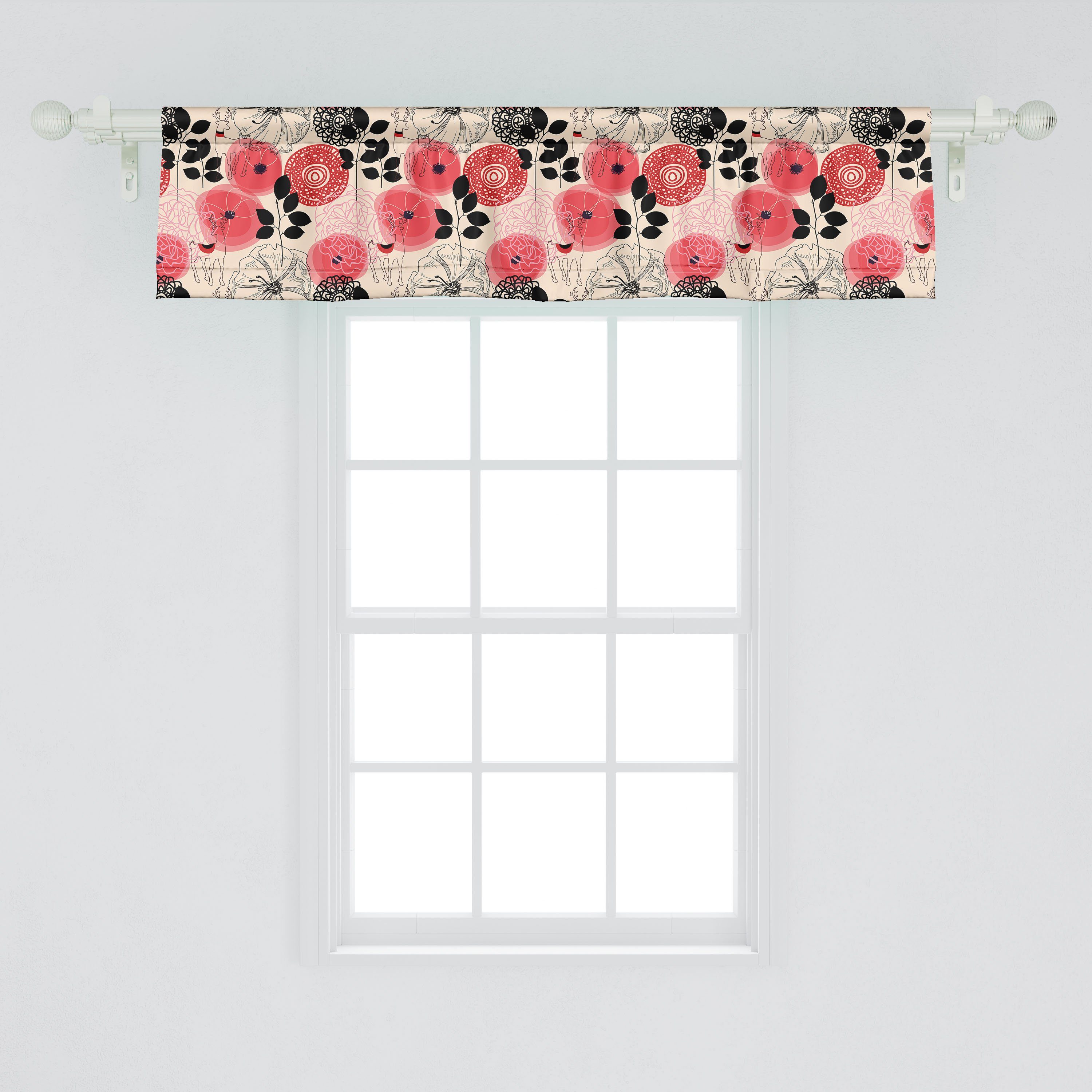 Vorhang Küche für Zusammenfassung Microfaser, Stangentasche, Volant mit Dekor Blumen Abakuhaus, Schlafzimmer Scheibengardine eingekreisten
