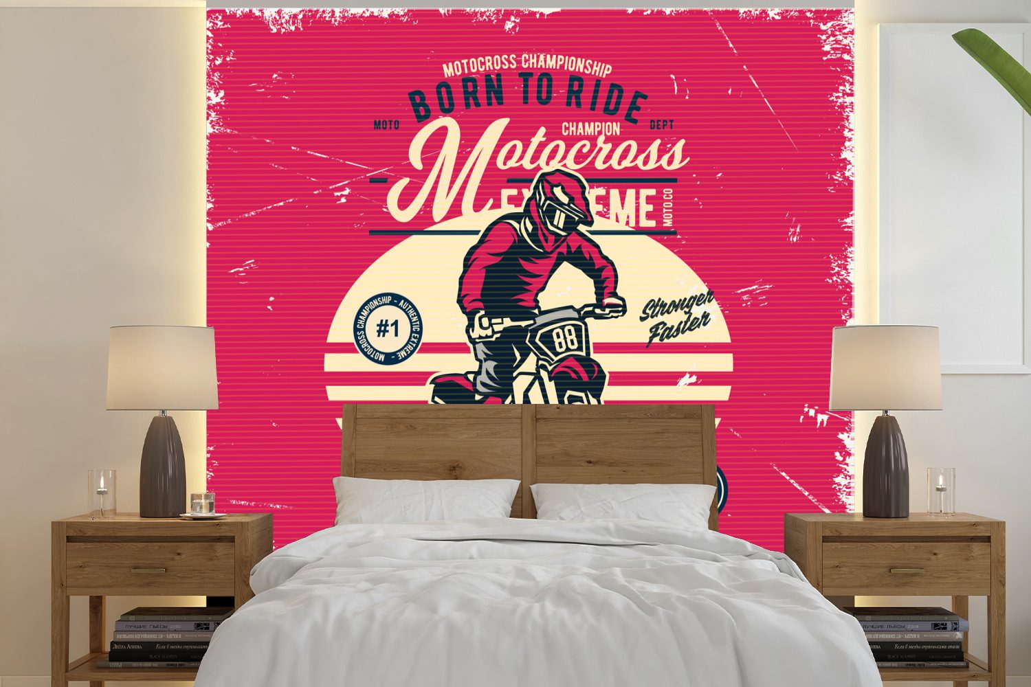 MuchoWow Fototapete Motocross - Mann - Zeichnung - Retro, Matt, bedruckt, (5 St), Vinyl Tapete für Wohnzimmer oder Schlafzimmer, Wandtapete | Fototapeten