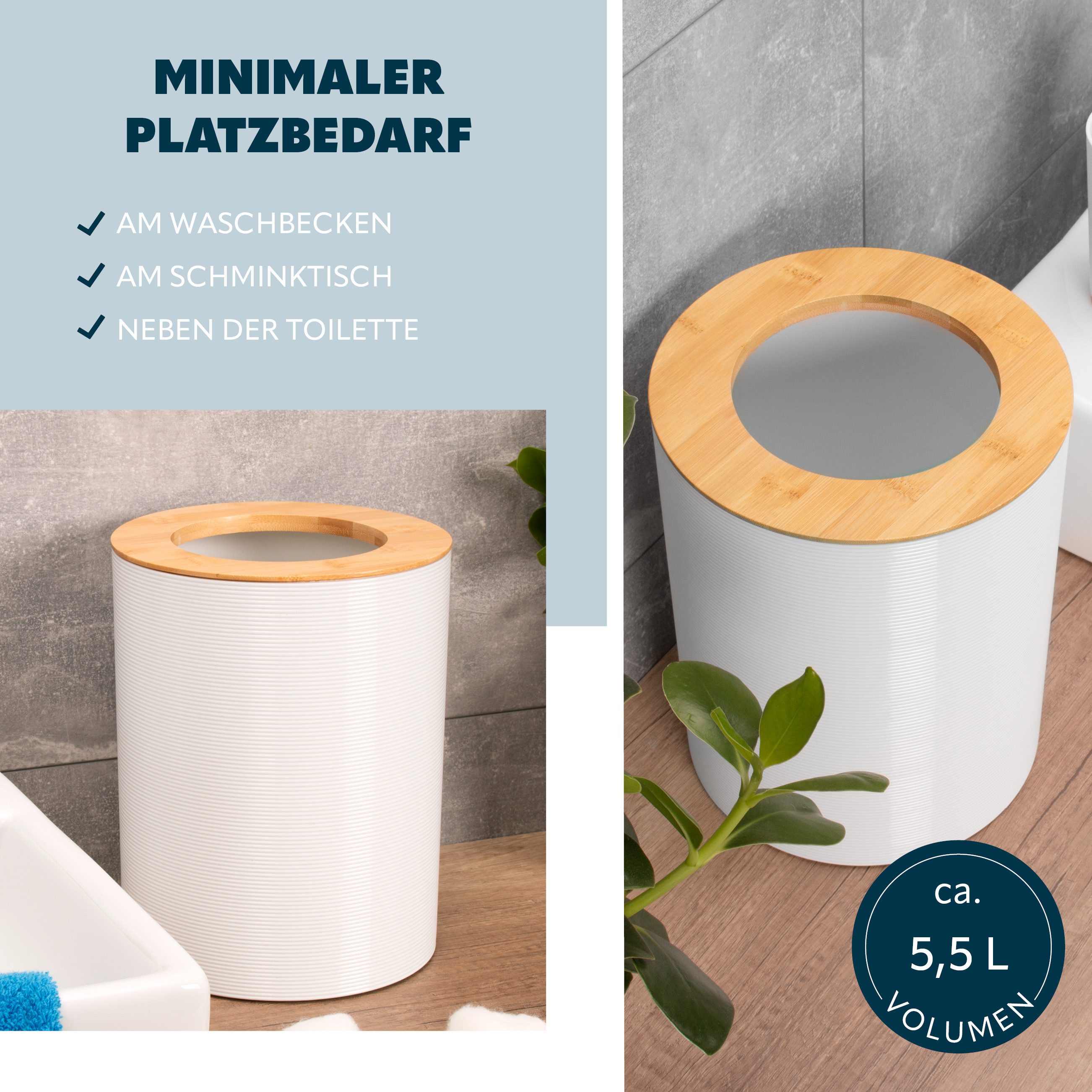 bremermann Kosmetikeimer Kosmetikeimer SEGNO aus Bambus und Kunststoff, Abfalleimer, 5,5 L – Bild 5 von 5