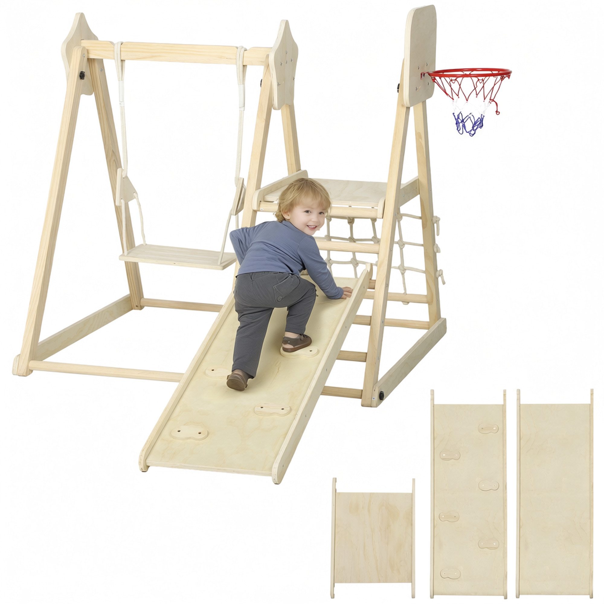 AIYAPLAY Klettergerüst Kletterdreieck mit Rutsche, Schaukel, Basketballkorb, (Montessori Indoor Holz, 1-St., Klappbar Spielplatz), für Kinder 3-6 Jahre, Naturholz