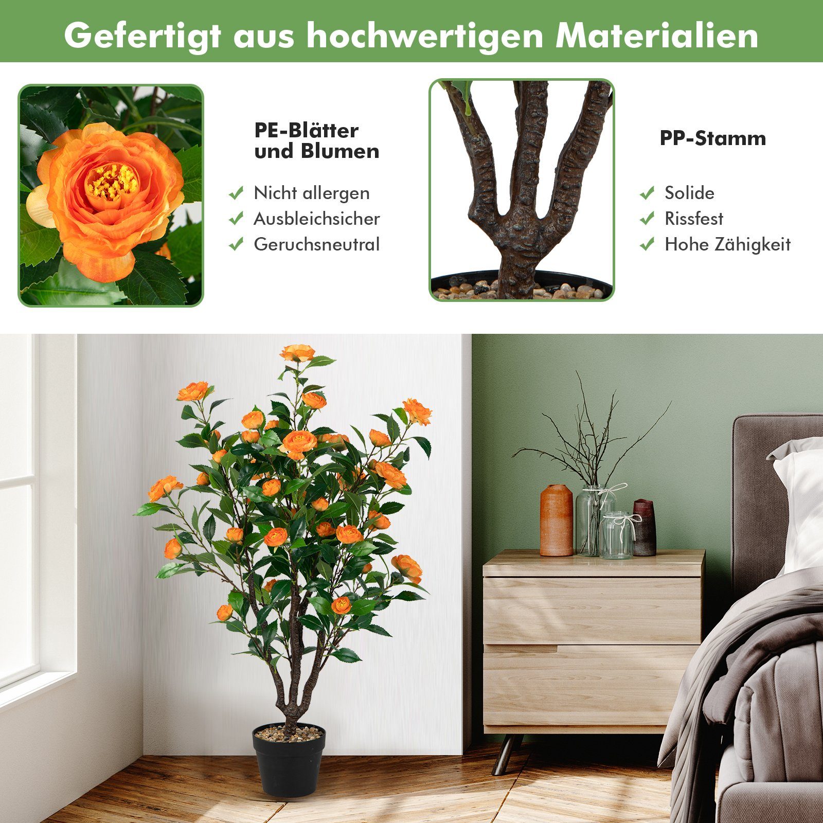 Blüte Kunstbaum, Höhe Kamelienbaum mit 37 COSTWAY, künstlicher cm, 102