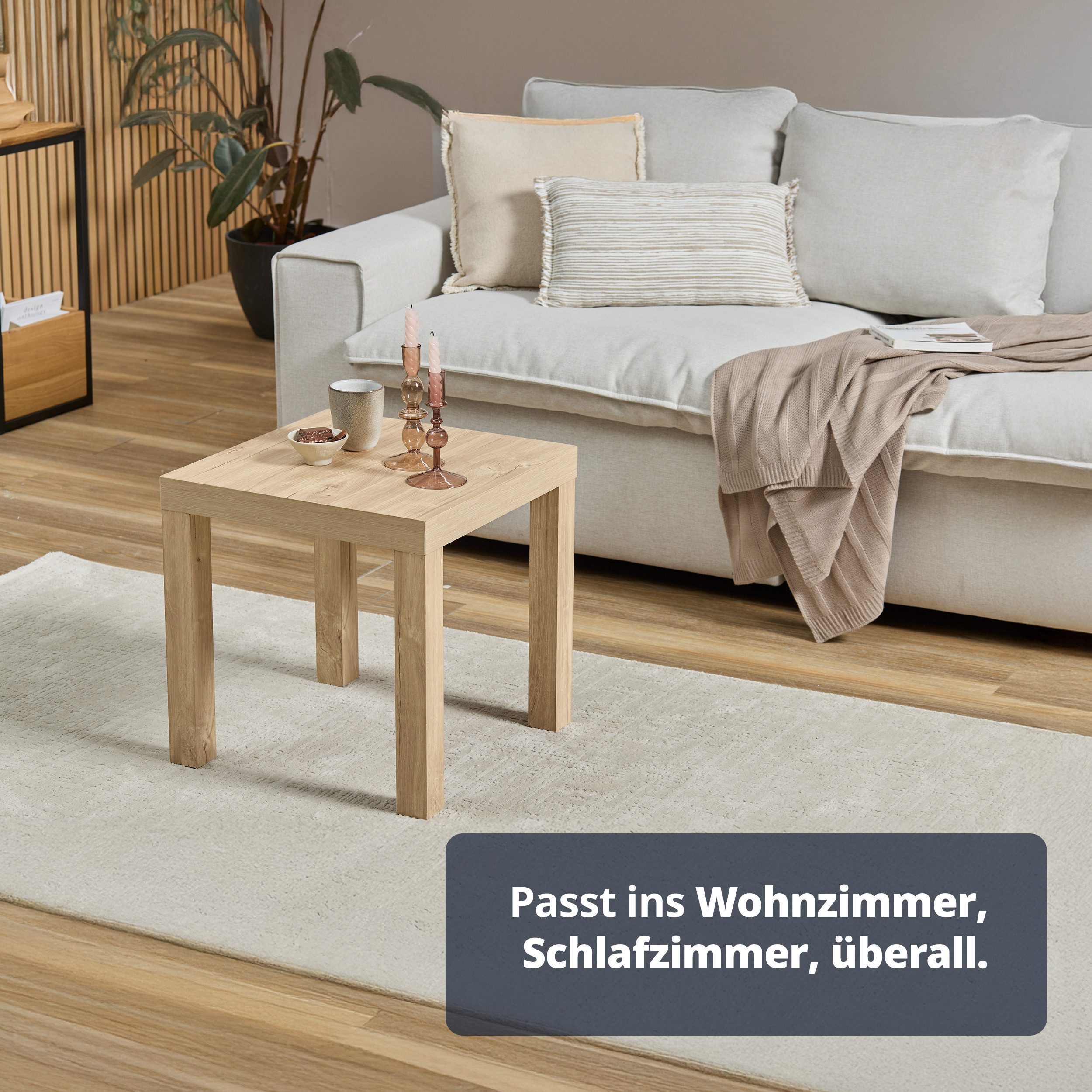 KHG Beistelltisch kleiner Couchtisch quadratisch, Nachttisch Natur Asteiche Holzoptik (Holzwerkstoff foliert, 5 kg belastbar, 45x45x45 cm, pflegeleicht, ideal für Wohn- und Schlafzimmer), Pflegeleicht, Quadratisch