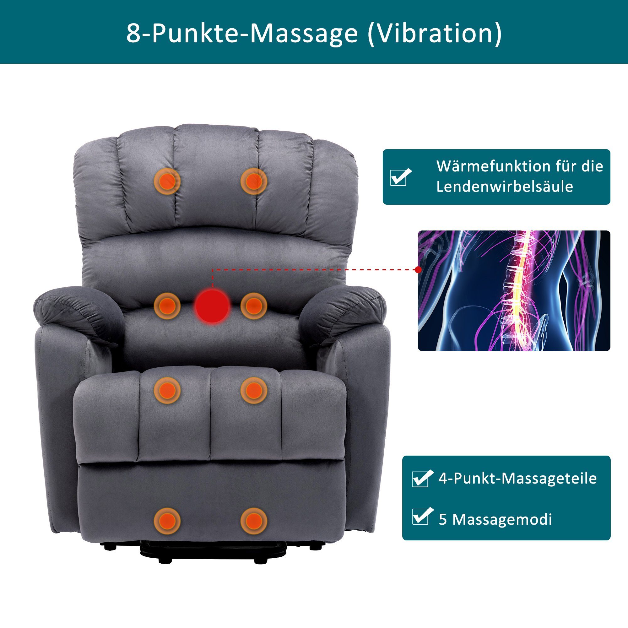 TV-Sessel (Fernsehsessel mit Aufstehhilfe, elektrisch Massagesessel mit Fernbedienung, bis 135 kg belastbar), Relaxsessel mit Liegefunktion, Wärmefunktion und Massagefunktion