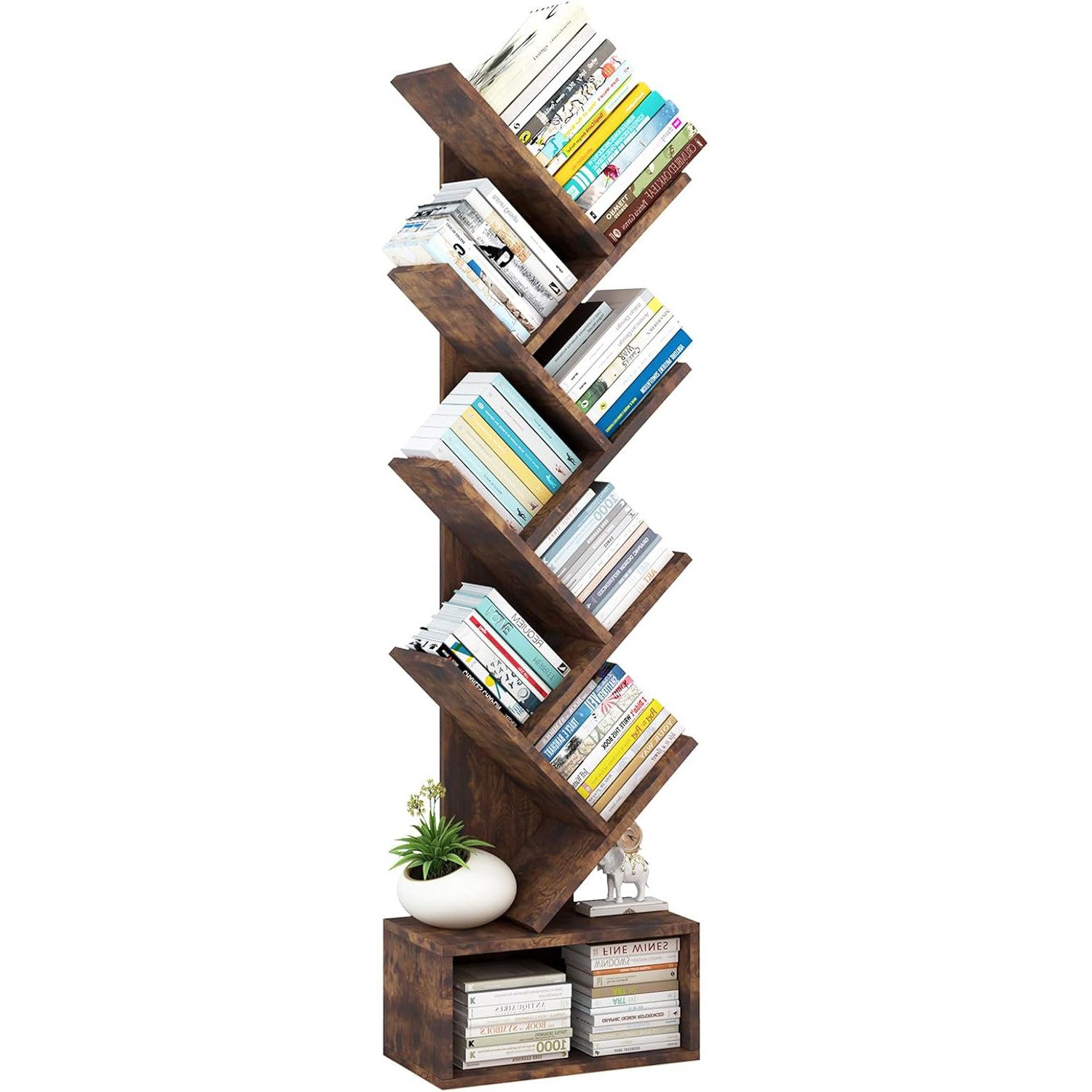 GarveeMore Bücherregal 8-stöckiges hohes aus Holz,Baum-Bücherregal mit Stauraum, Organizer-Regale für Wohnzimmer,Schlafzimmer,Home Office