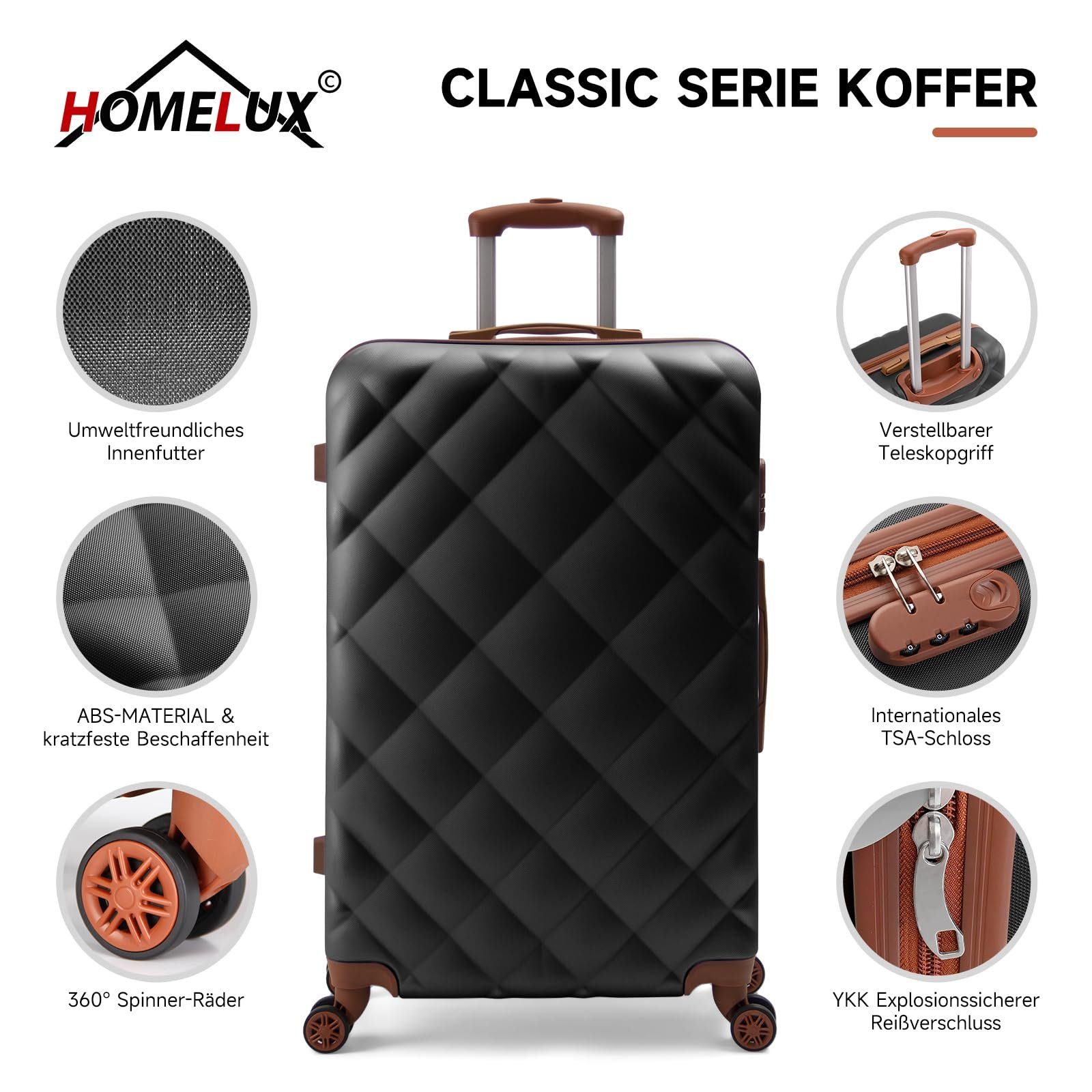 HOMELUX Trolleyset Kofferset 3 ABS, Hartschale (set, Teilig Schwarz M-L-XL Rollen, Rollkoffer Set tlg., 3 3), - Hartschalenkoffer 4 Trolley Reisekoffer