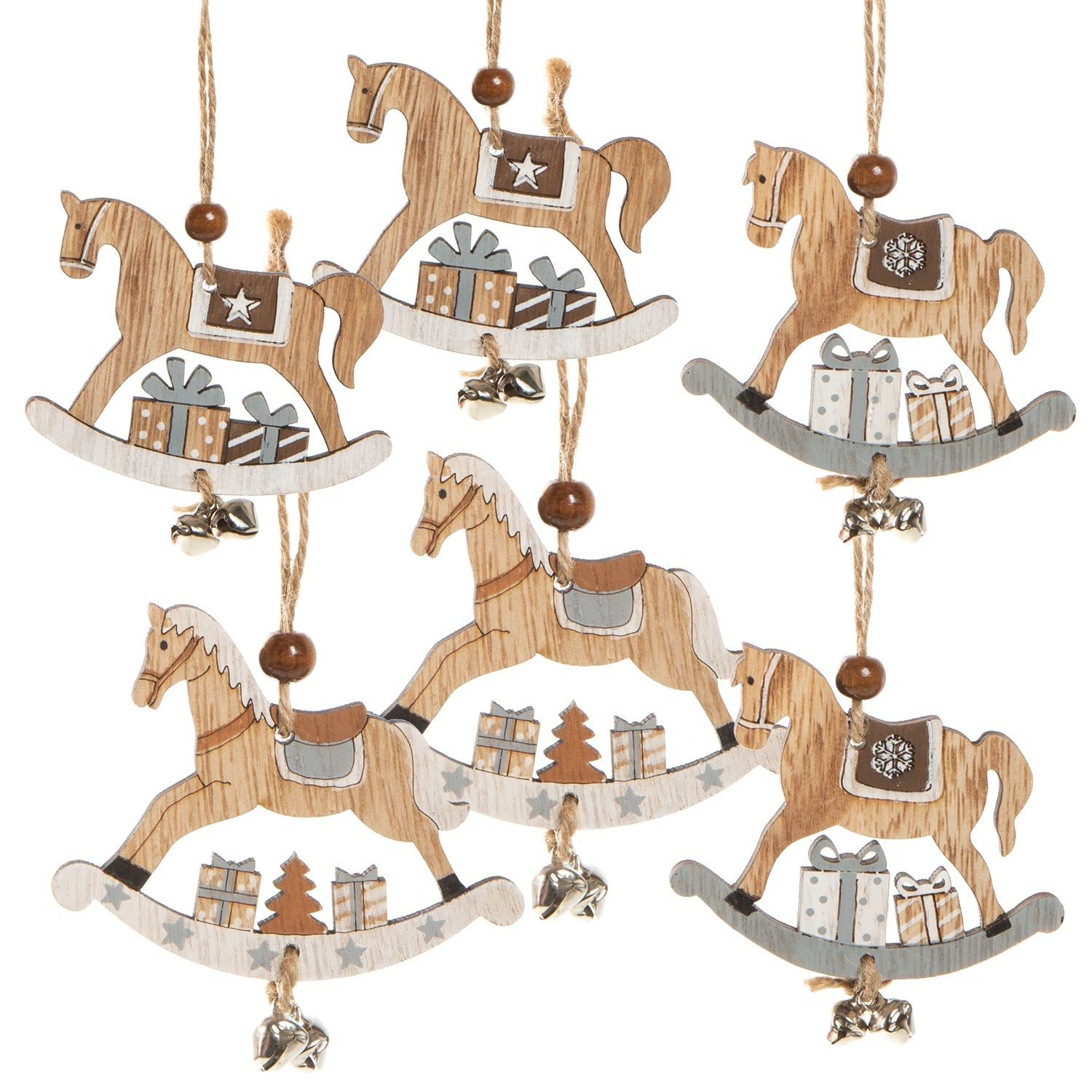 Logbuch-Verlag Dekofigur 6 Schaukelpferd Weihnachtsanhänger 8 cm mit Glöckchen - grau braun