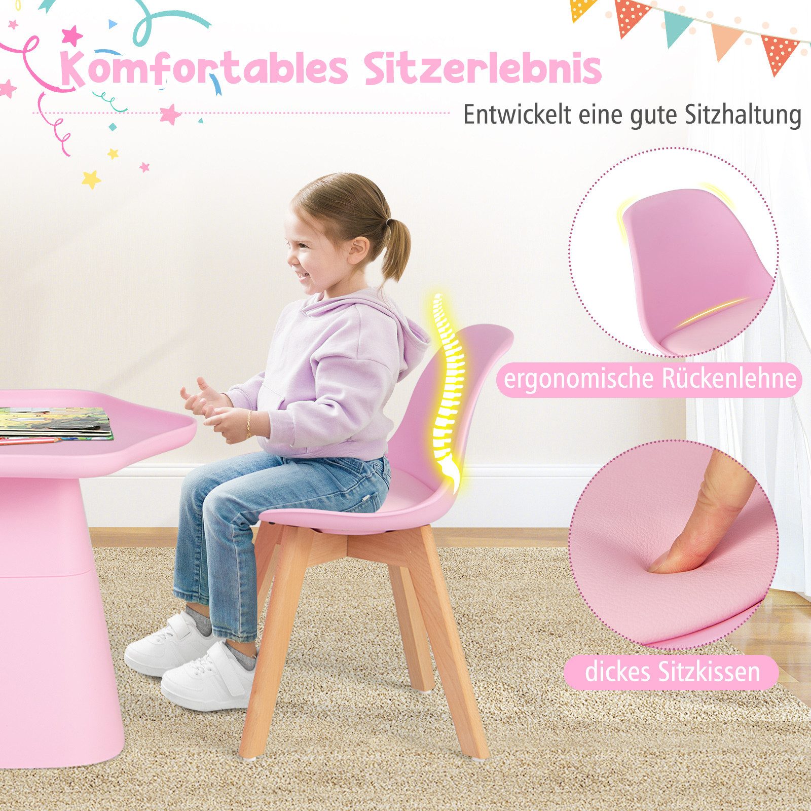 COSTWAY Children's Seating Set (3-piece), with children's table, 2 upholstered chairs, made of beech wood