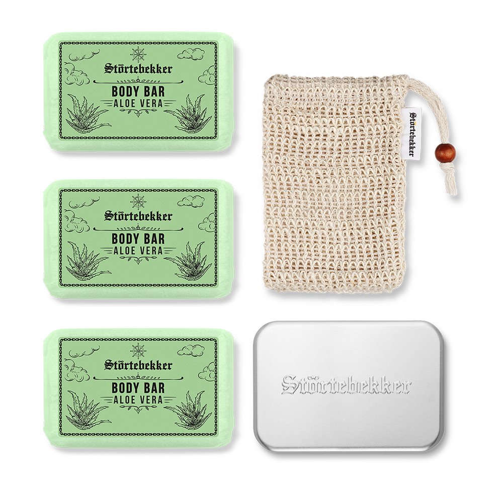 Störtebekker Feste Duschseife im Duschset Body - 3 x Body Bar + Soap Bag & Soap Box
