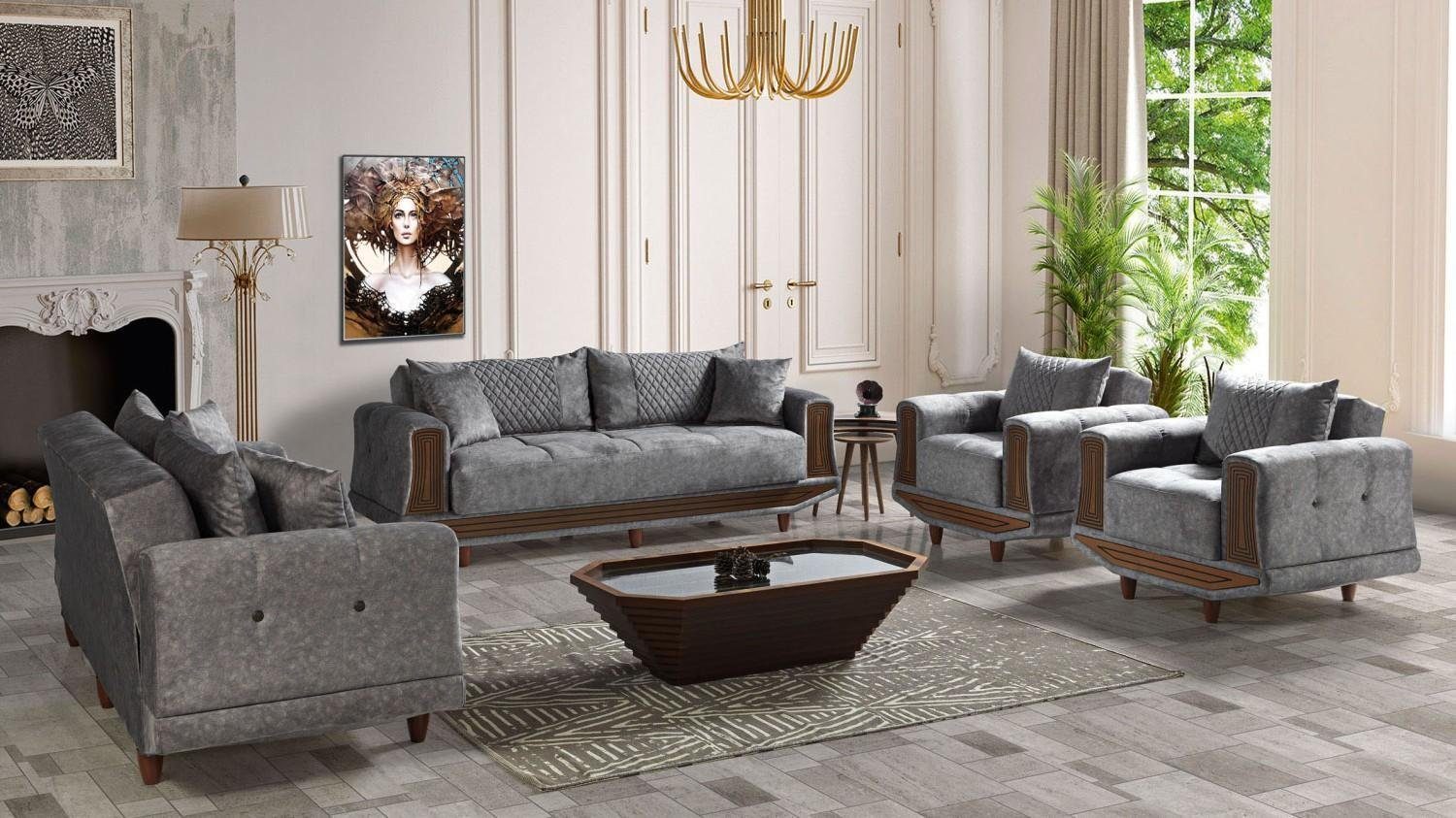 Sessel), Sitzer Made Sitzer Sitzer Sofagarnitur 3 / Sessel, 3+2+1+1 Textil / Sofa Sitzer Wohnzimmer-Set Europe 2x (3 2 In Holz Modern JVmoebel