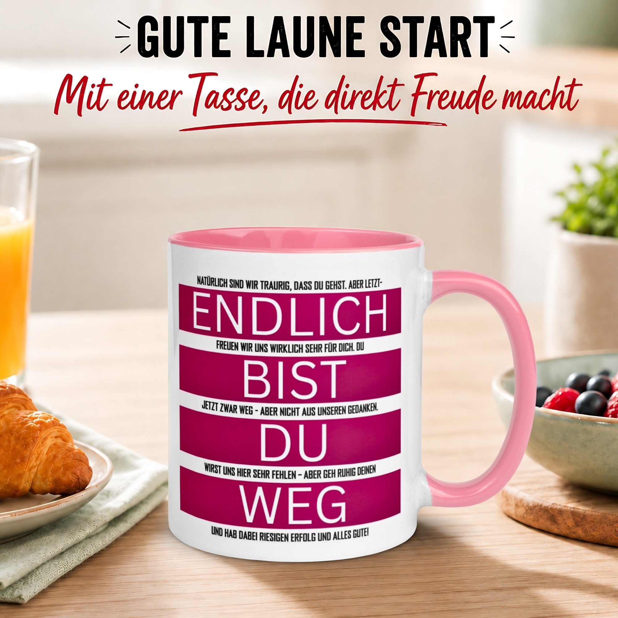 Momentals Tasse Abschied – „Endlich bist du weg“ – Abschiedsgeschenk für Kollegin, Gratis Versand · Links-&Rechtshänder · Spülmaschinenfest