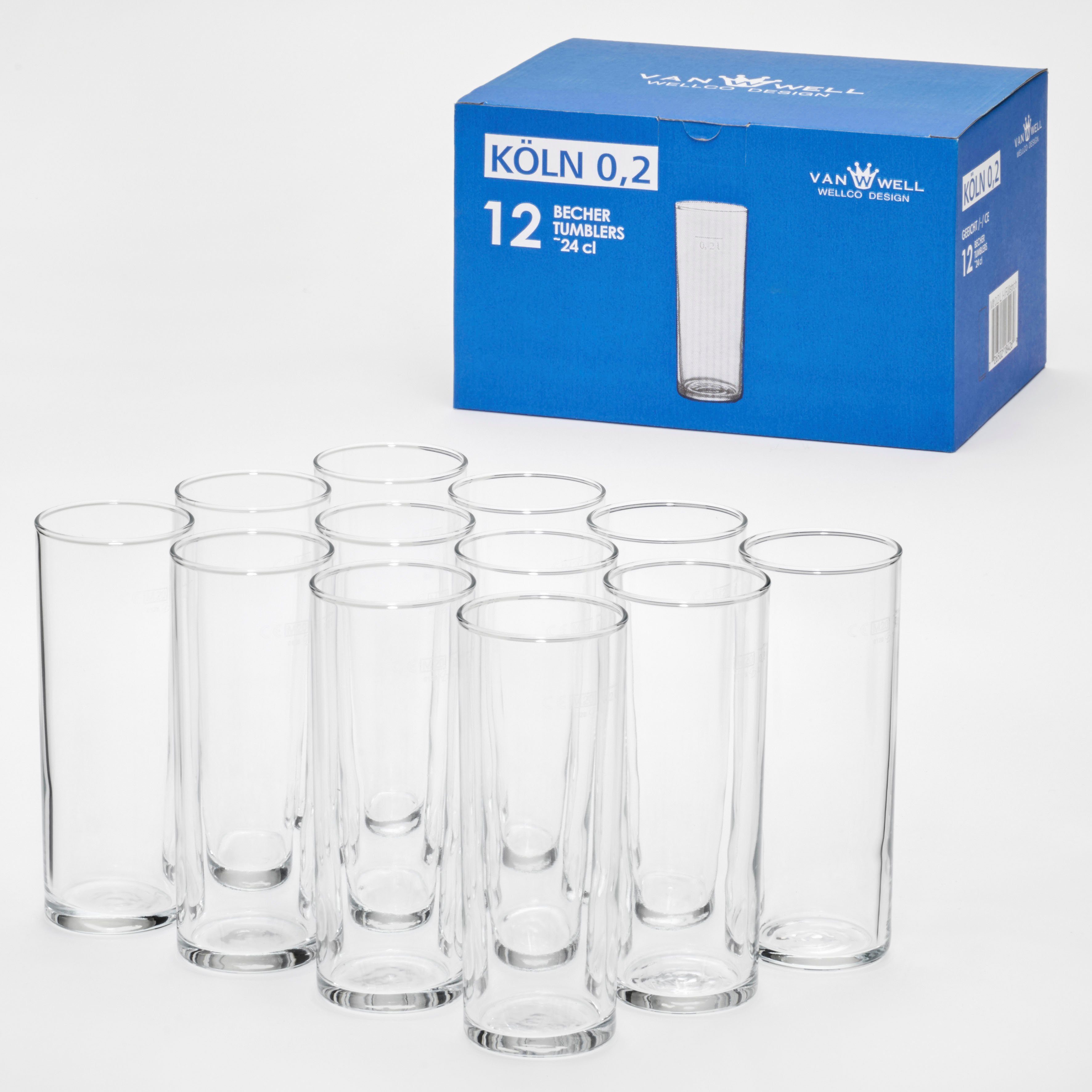 van Well Bierglas Kölnerstange, 12-tlg., Glas, 0,2 L, geeicht, spülmaschinenfest, Gastronomiequalität, 12-tlg.