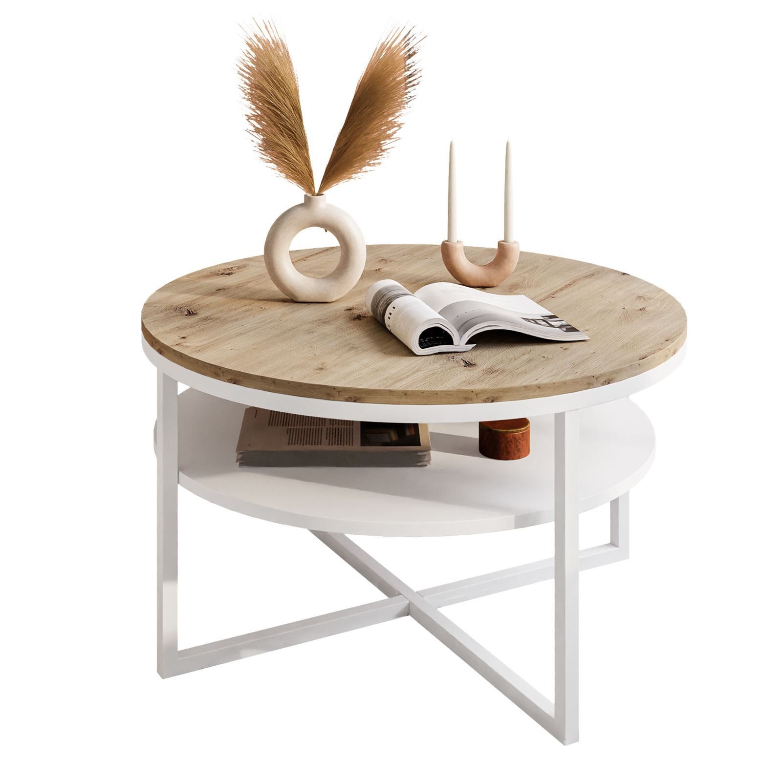 yourhouse24 Couchtisch CIRI-X runder Couchtisch mit Regal Eiche Handwerker Wotan Stirling