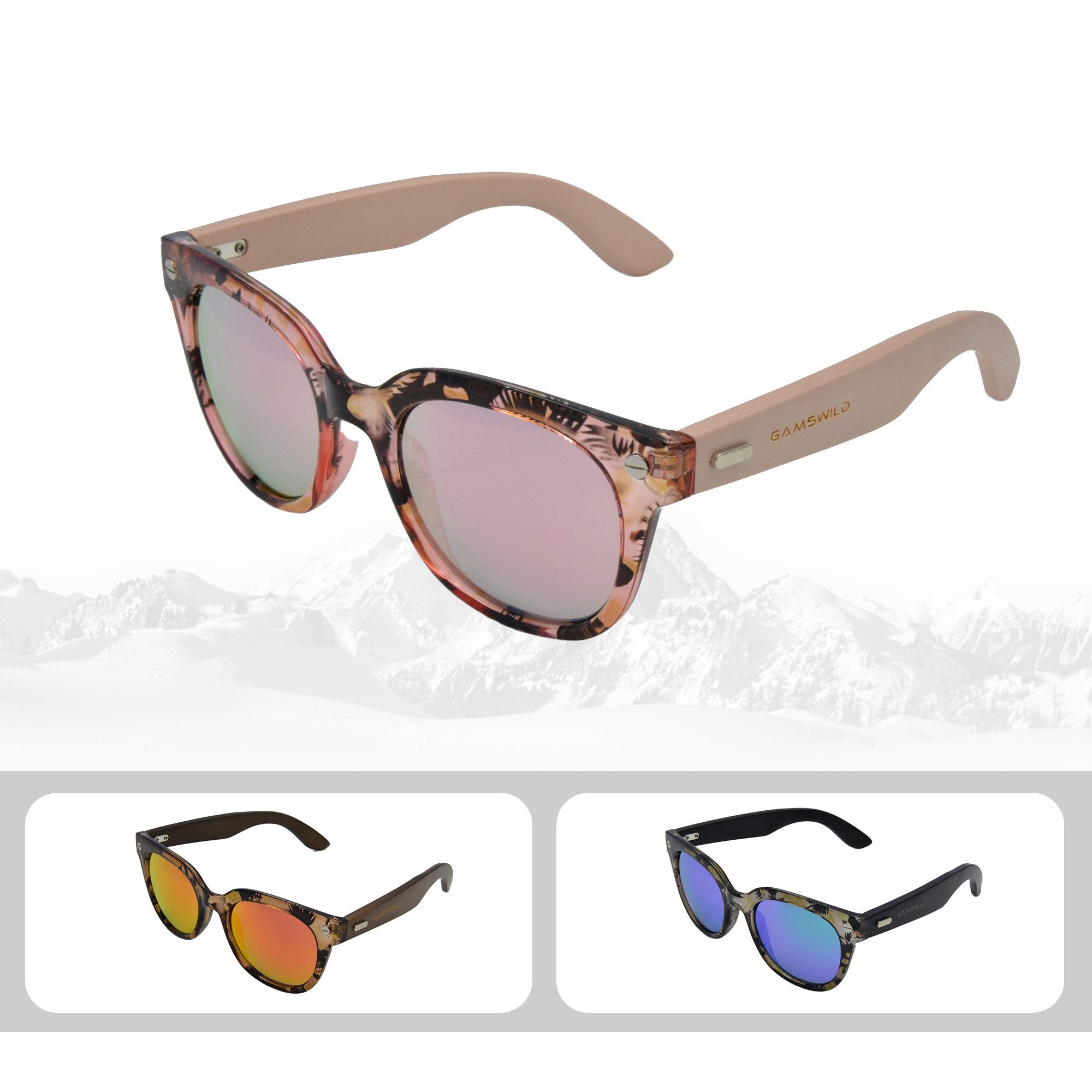 Gamswild Sonnenbrille UV400 GAMSSTYLE Modebrille breite Bambusholzbügel Damen Modell WM1328, rot-orange, grün-türkis, rosa-pink