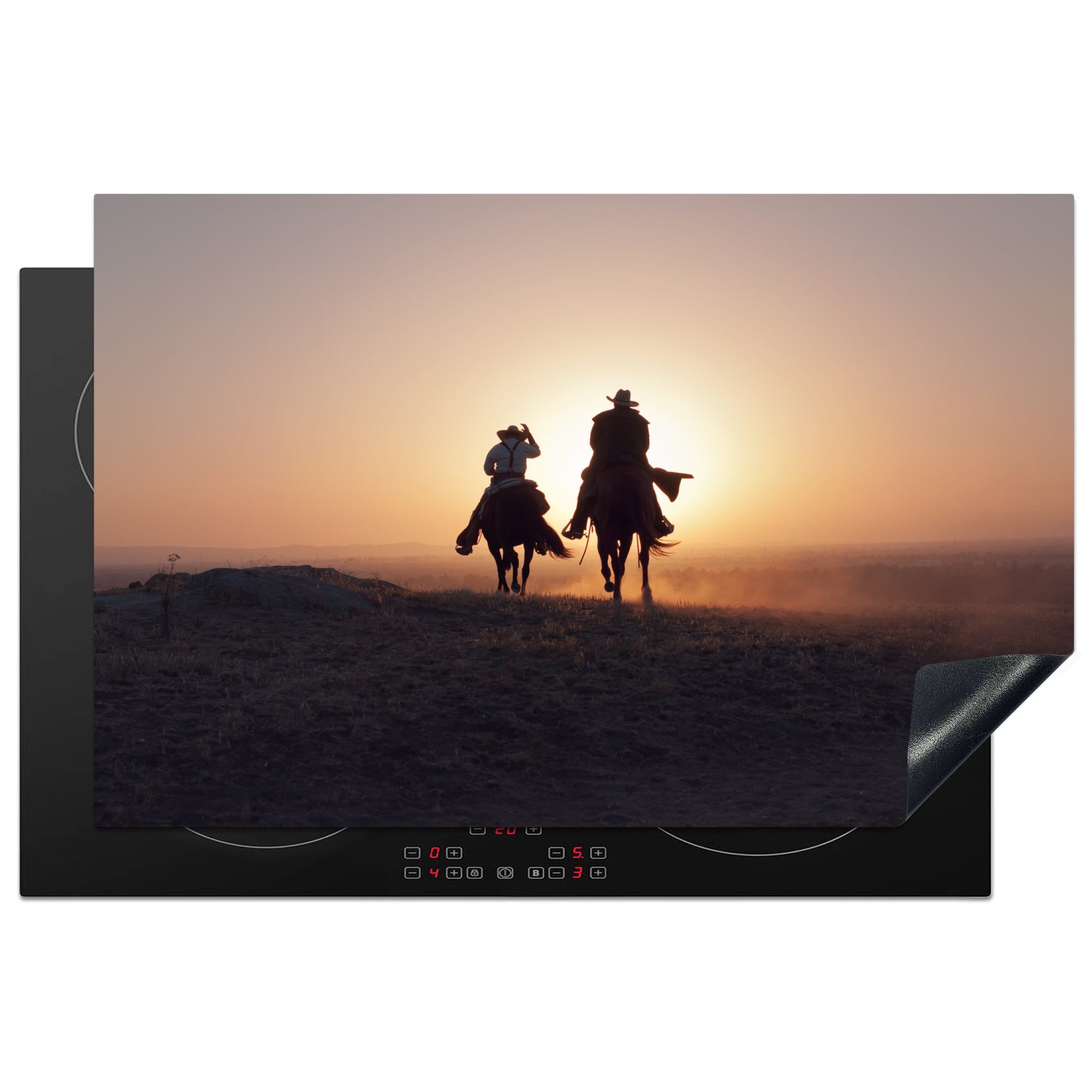 MuchoWow Herdblende-/Abdeckplatte Zwei Cowboys auf Pferden bei Sonnenuntergang, Vinyl, (1 tlg), 81x52 cm, Induktionskochfeld Schutz für die küche, Ceranfeldabdeckung