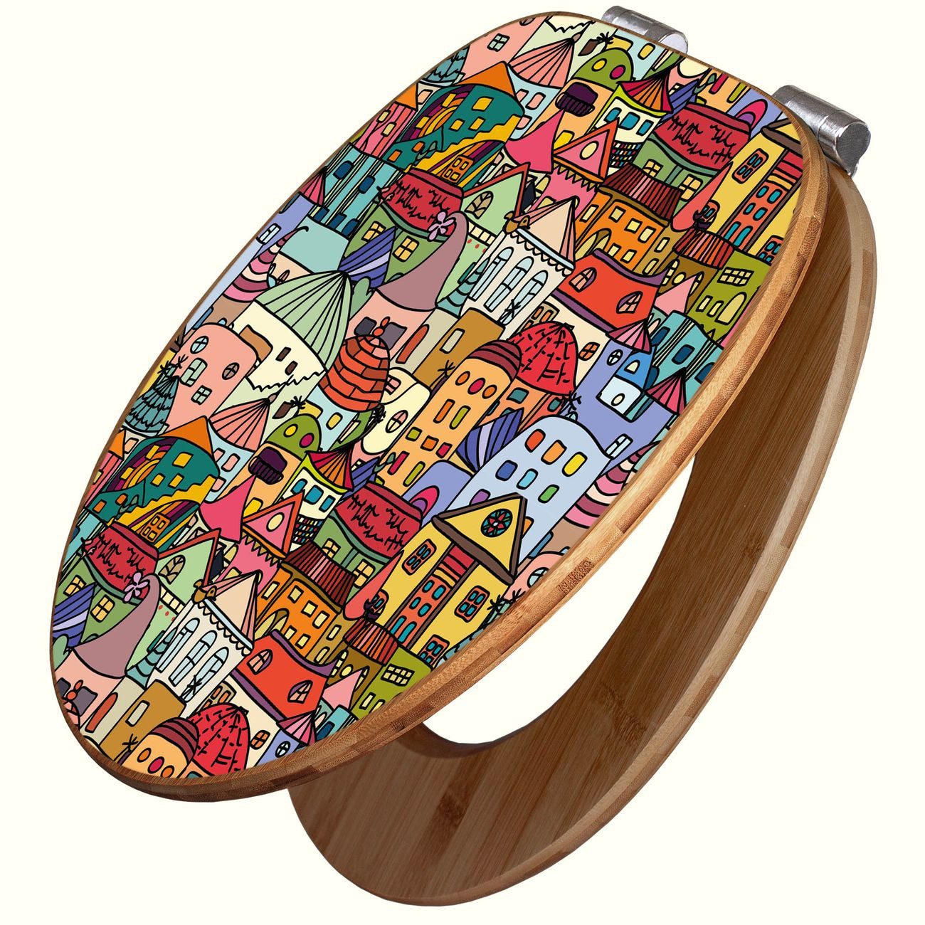 banjado WC-Sitz aus Bambus Motiv Funky Town (umweltfreundliches Material, integrierte Absenkautomatik), 45,8 x 37,5 x 5 cm