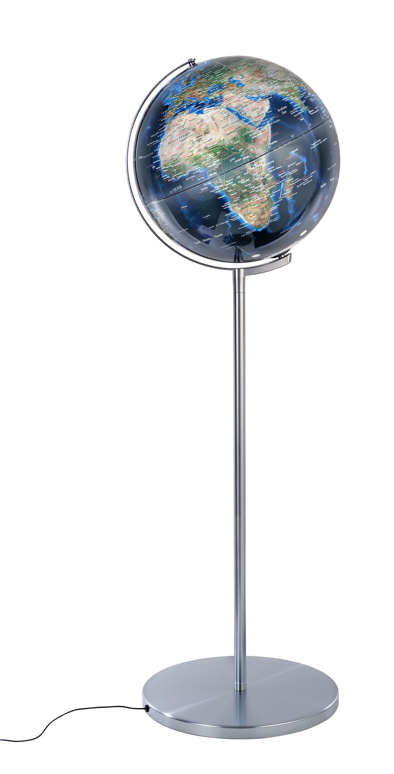 TROIKA Globus SOJUS LIGHT mit LED & verchromtem Standfuß, 43x43x132 cm, (43 cm Durchmesser), englische Beschriftung, in 3 Farbvarianten, hochwertige Verarbeitung
