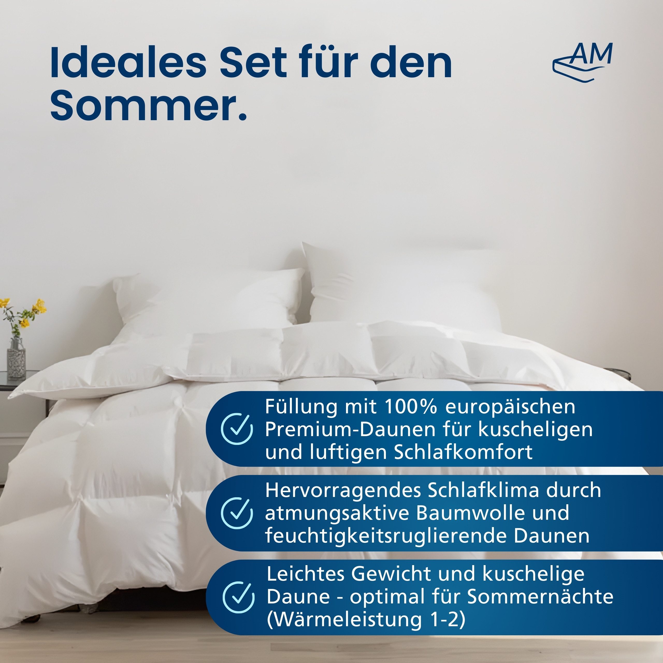 DormiGood Daunenbettdecke + Daunenkissen Set, Premium Bettdecke + 3 Kammer Kopfkissen, Leicht für den Sommer, 220x240cm, Sommer