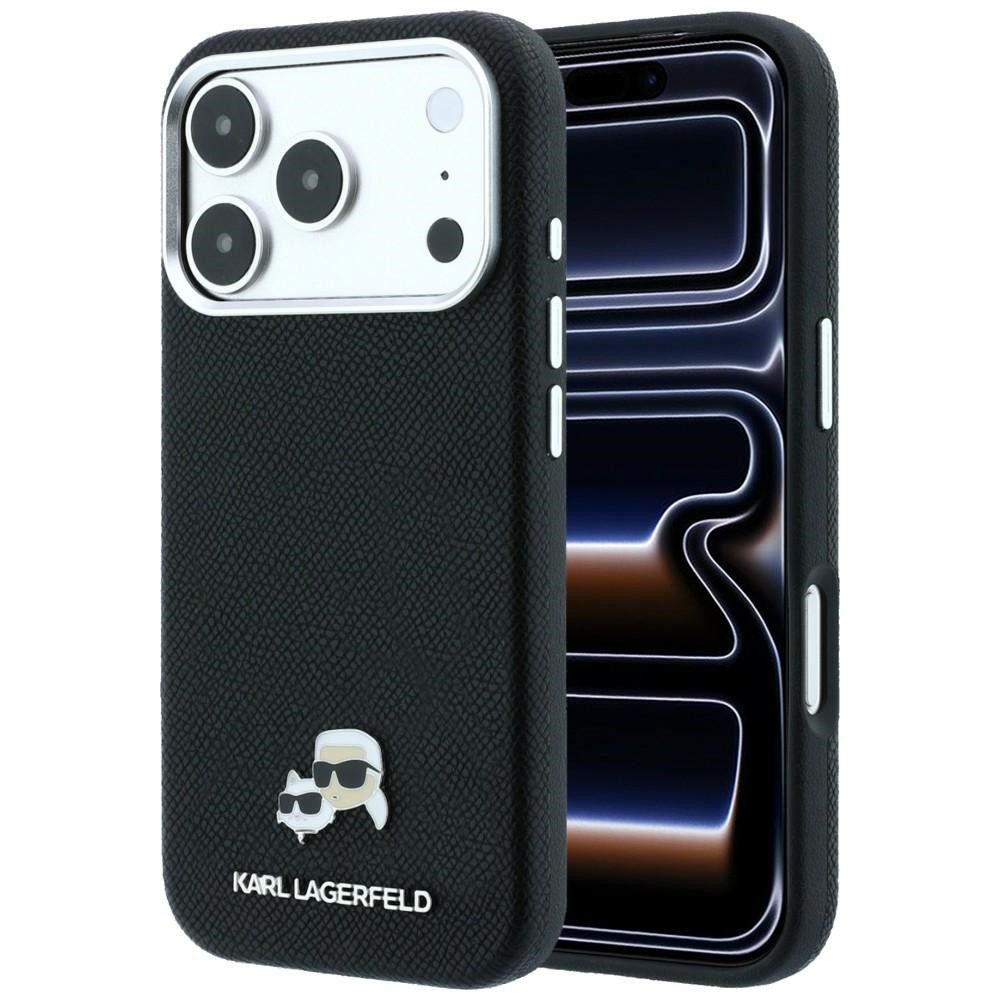 KARL LAGERFELD Handyhülle iPhone 18 Pro Max Kunstleder schwarz MagSafe Kopf Logo Metall 6,9 Zoll, Kantenschutz