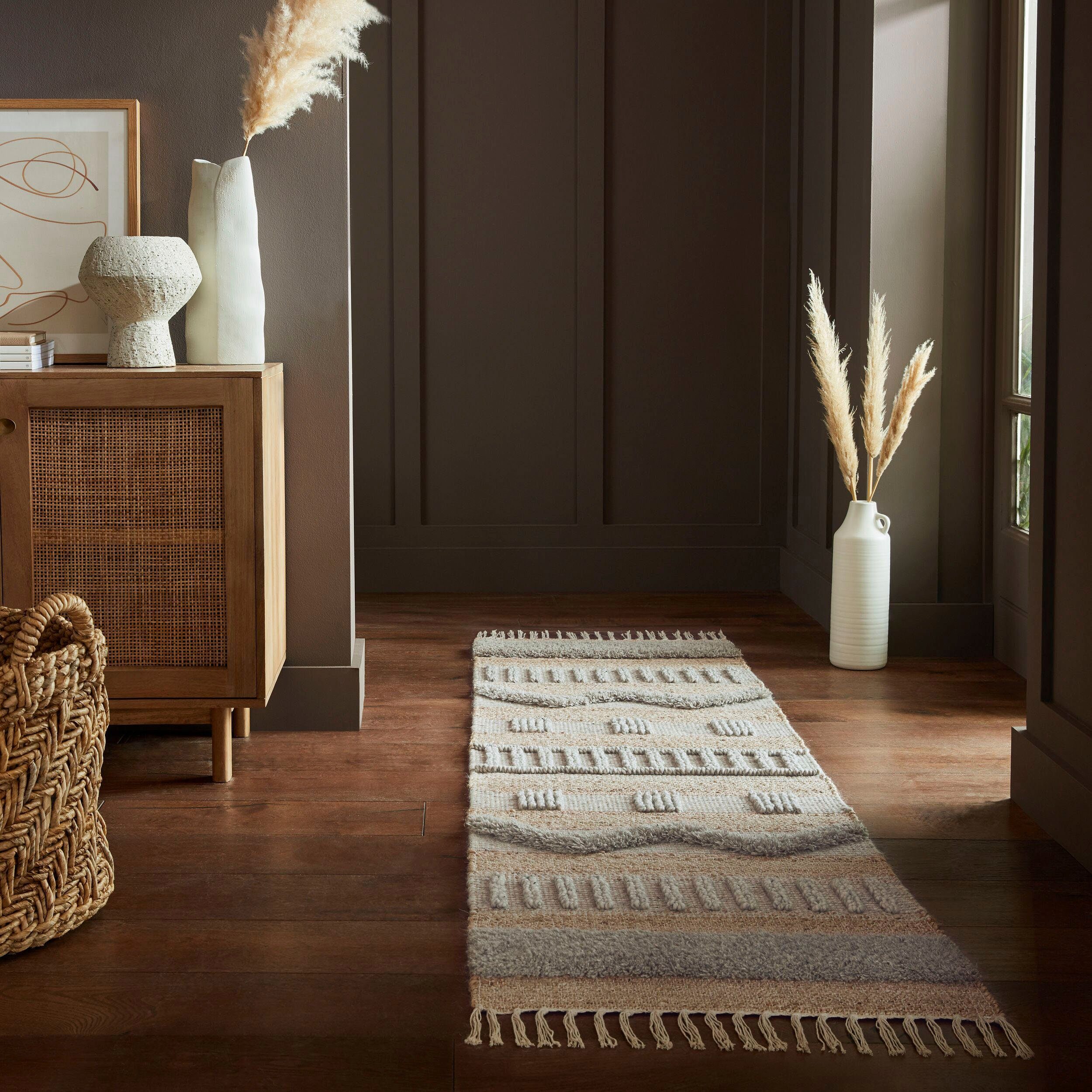 Läufer Medina, FLAIR RUGS, 12 Boho-Look, Höhe: rechteckig, & Wolle aus Naturfasern natur-grau Teppichläufer mm, wie Jute