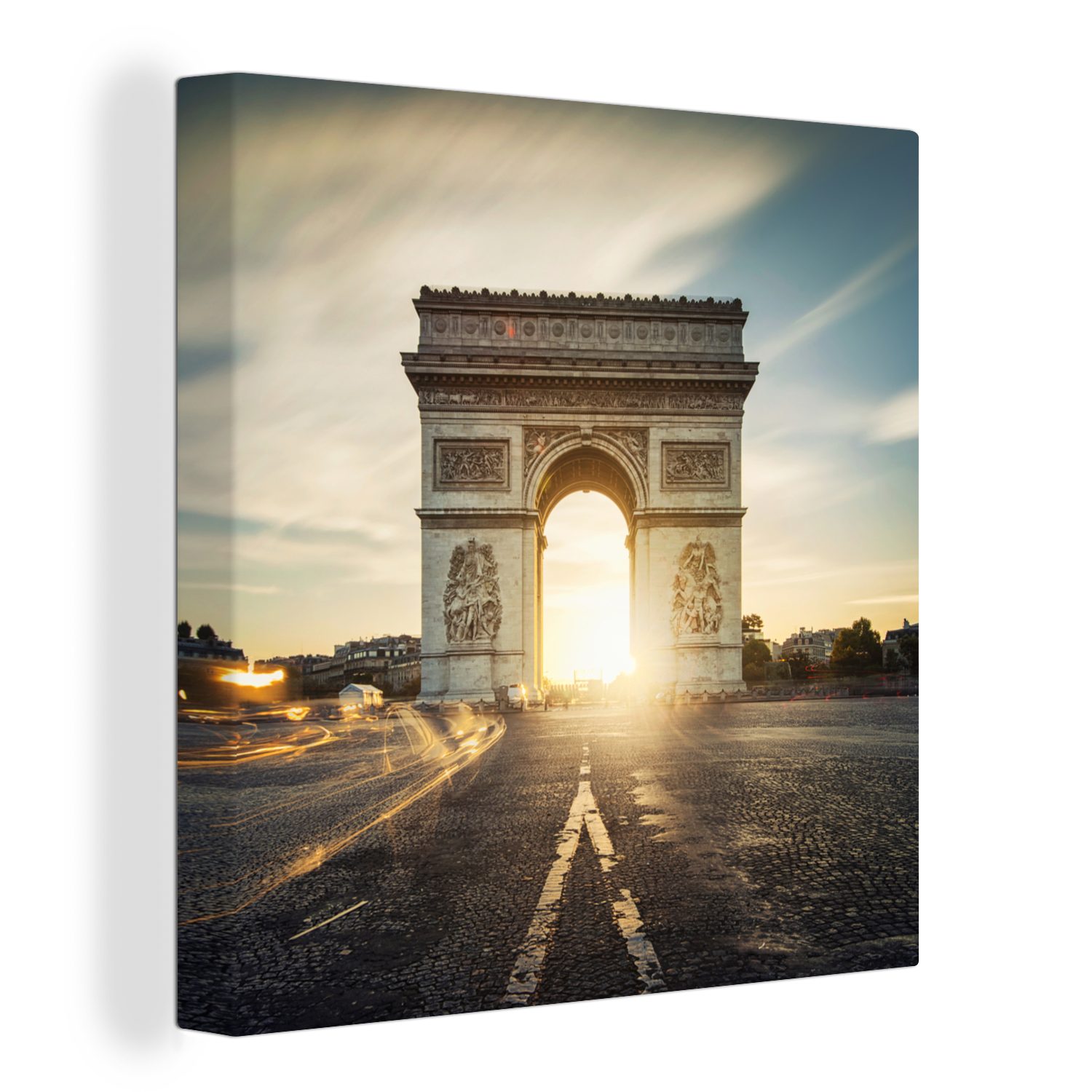 OneMillionCanvasses® Leinwandbild Sonnenaufgang durch einen Triumphbogen in Paris gesehen, (1 St), Leinwand Bilder für Wohnzimmer Schlafzimmer | Leinwandbilder