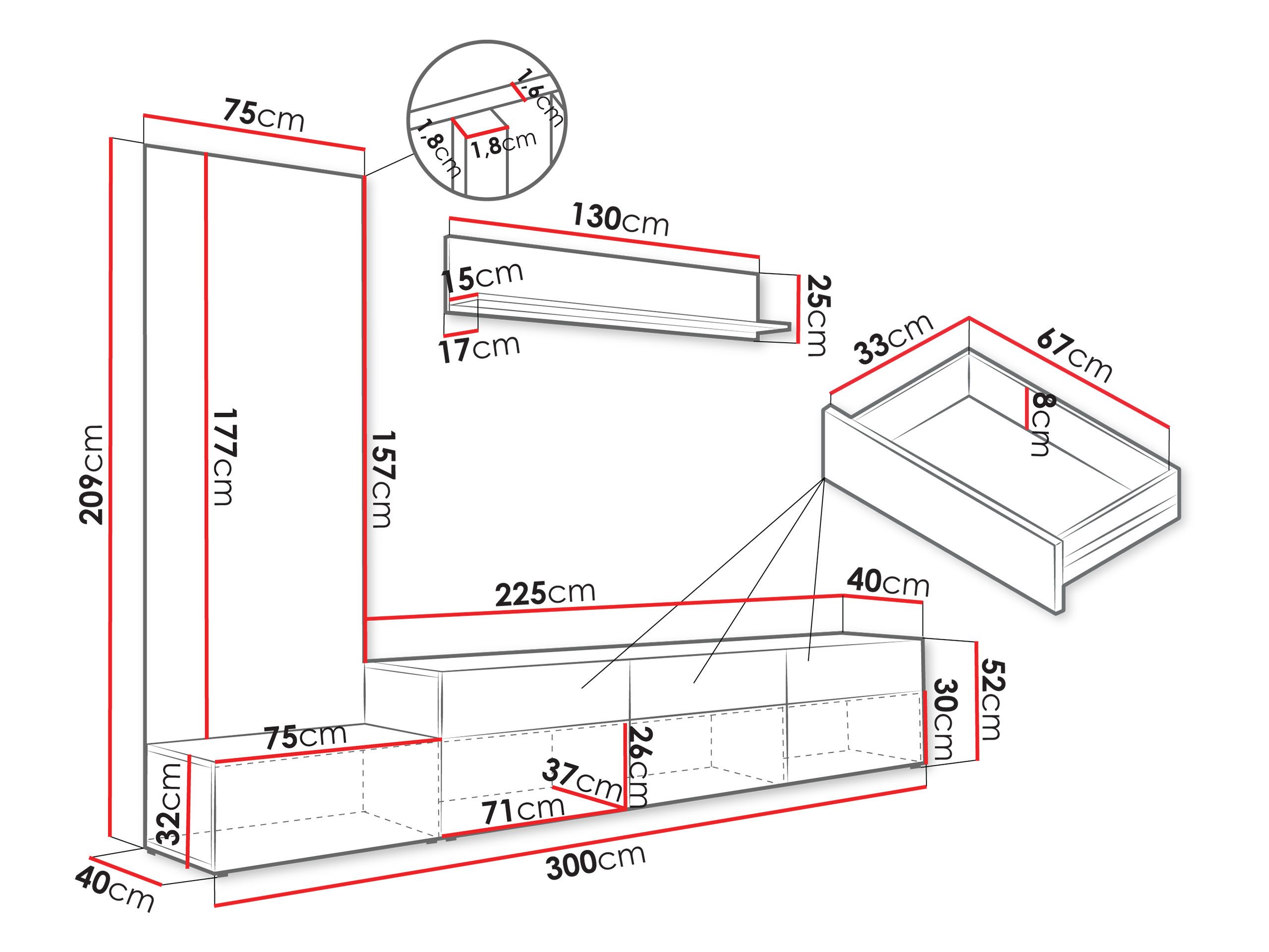 MIRJAN24 Wohnwand Narezi II, (TV-Lowboard, Wandboard, Wandpaneel), Griffloses Öffnungssystem, 300x40x209 cm – Bild 4 von 5