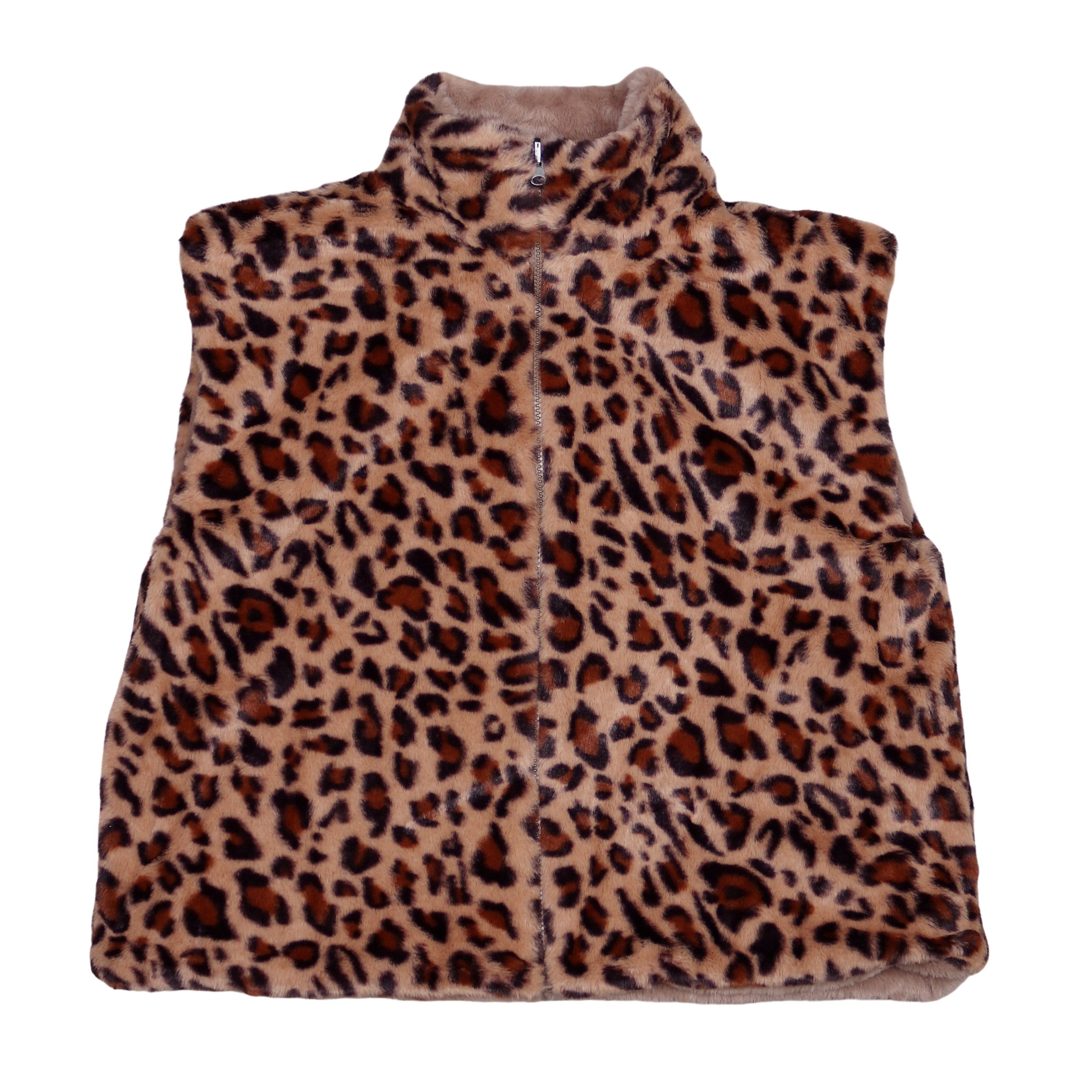 MIRROSI Plüschweste Damen Wendeweste Plüsch – Teddy Weste mit Leo Muster (One Size – passend ca. für Größe 38, 40,42 und 44) beidseitig tragbar – Reißverschluss – Bild 4 von 5
