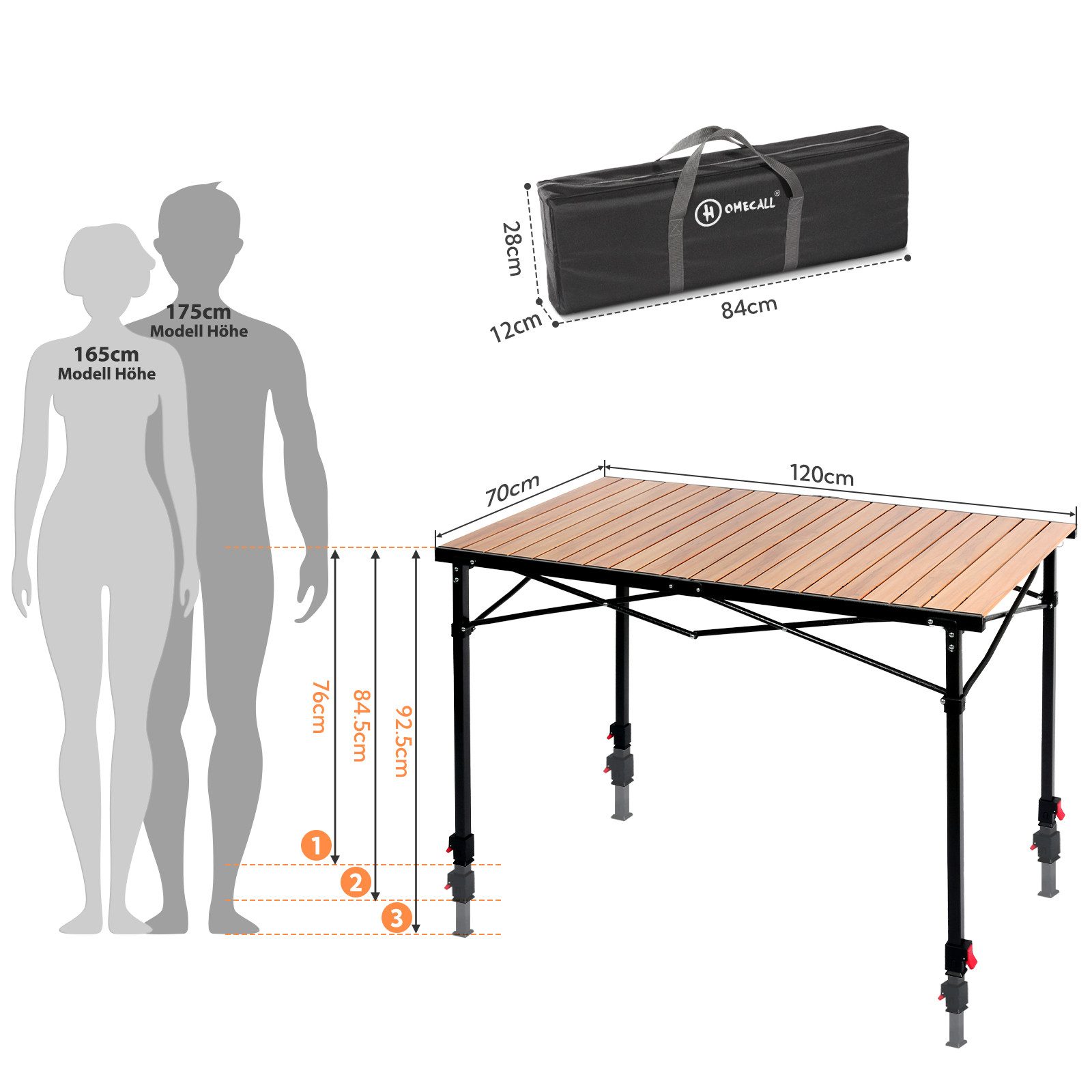 HOMECALL Klapptisch Campingtisch Höhenverstellbar Klappbar Balkontisch Gartentisch Tragbar (Höhenverstellbares Bein(76/84,5/92,5 cm),Aluminum Roll Up Tabletop bis 100kg), für 4-6 Personen,für Camping, Outdoor, Garten