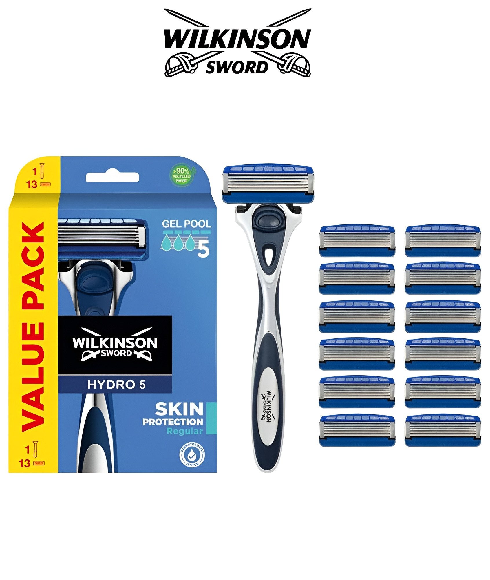 Wilkinson Rasierklingen Hydro 5 Hautschutz für Männer, Regelmäßig, 1-tlg., 1 Rasierergriff + 13 Ersatzklingen, 14 Stück (1er Pack)