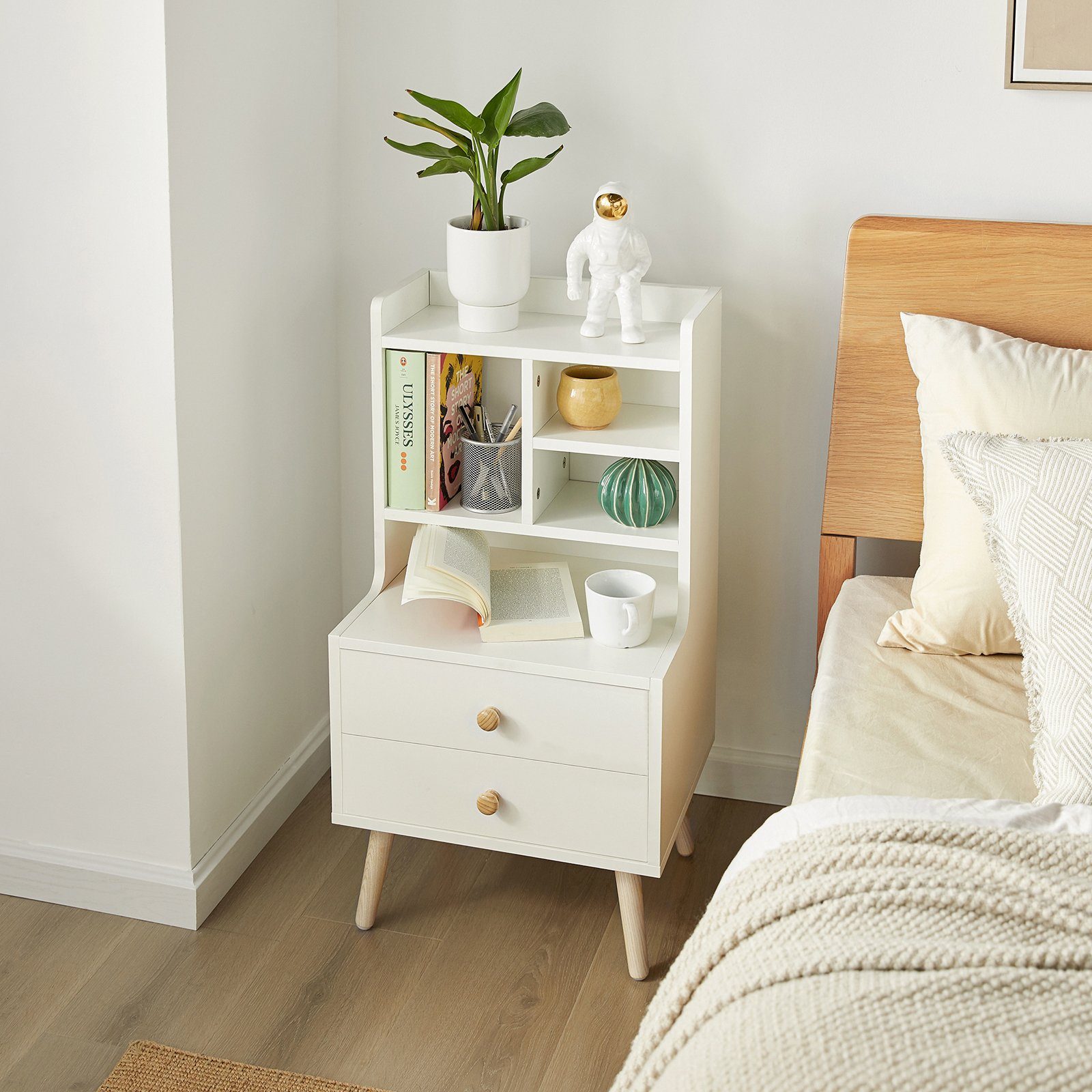 SoBuy Nachttisch FBT100, Nachtschrank mit Kiefernholzbeinen, Schlafzimmer Wohnzimmer, mit 2 Schubladen, Nachtschrank schmal, Beistelltisch, offenes Fach