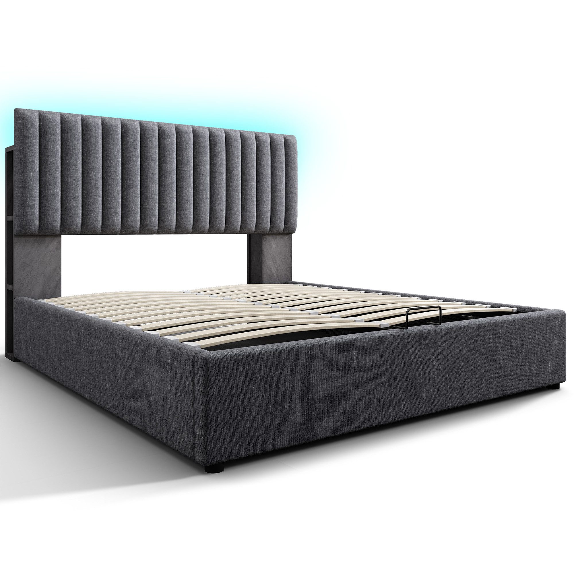 Polsterbett (Stauraumbett, Doppelbett 140x200cm mit Lattenrost und LED-Beleuchtung), mit Ladefunktion und Stauraumfächer, Verstellbares Kopfteil, Leinen
