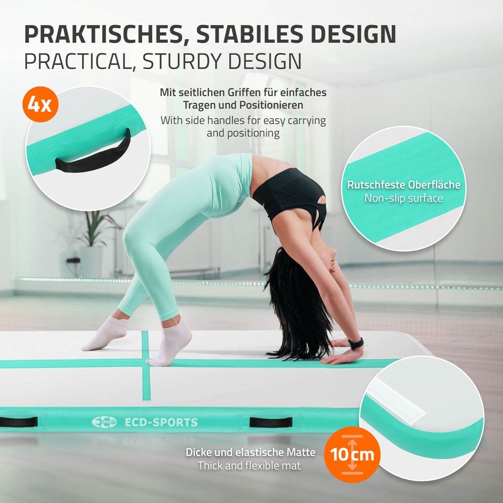 ECD Germany Sportmatte Aufblasbare Gymnastikmatte Airtrack Turnmatte Fitness Tumbling Matte, Yogamatte 3m Mint-Grün H:10cm inkl. Tragetasche Luftpumpe Flick-Set – Bild 3 von 5