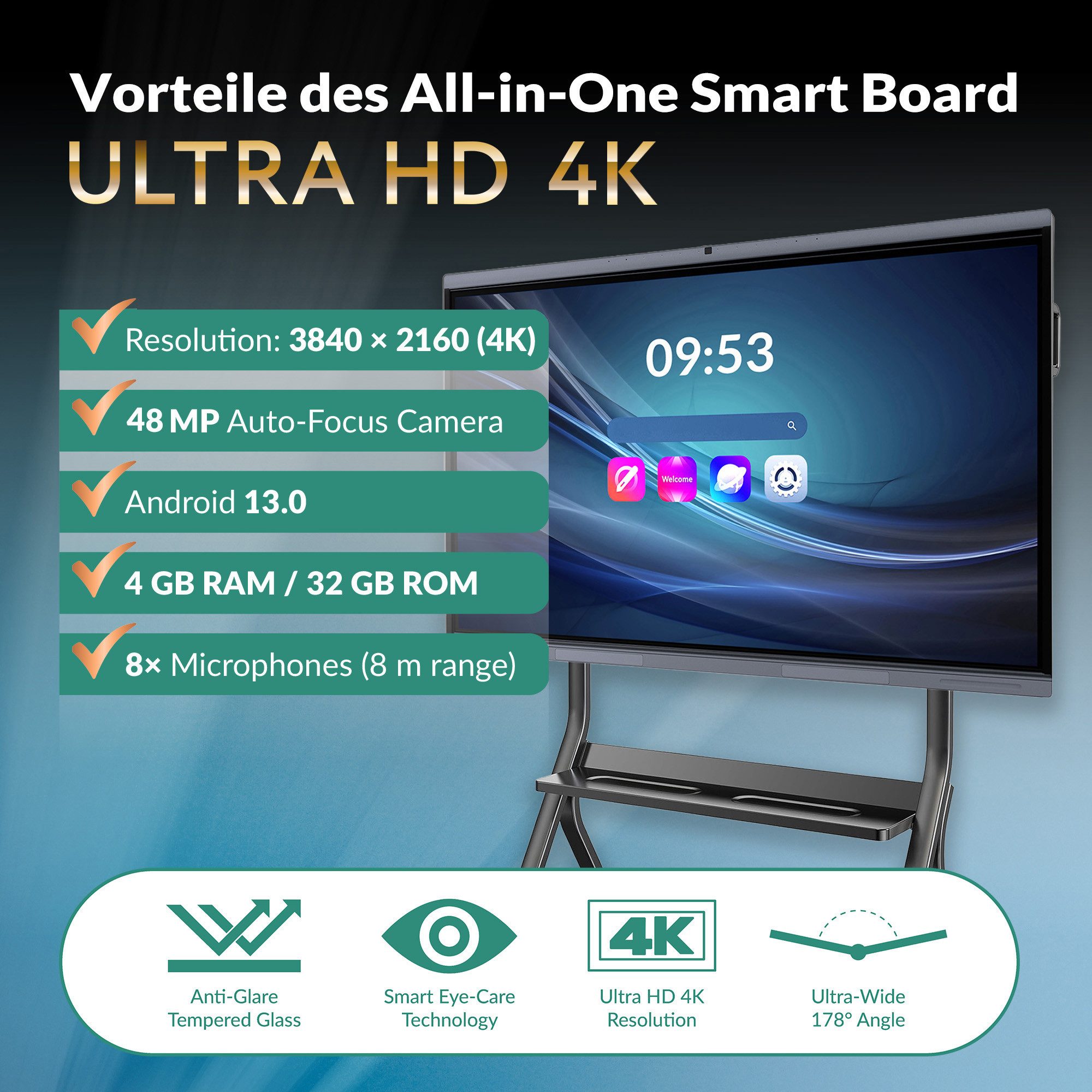 Xoro Memoboard MeetingPad 75 - Touchscreen Smartboard, Interaktives 4K-MeetingPad mit Kamera, Touch und Audio integriert.