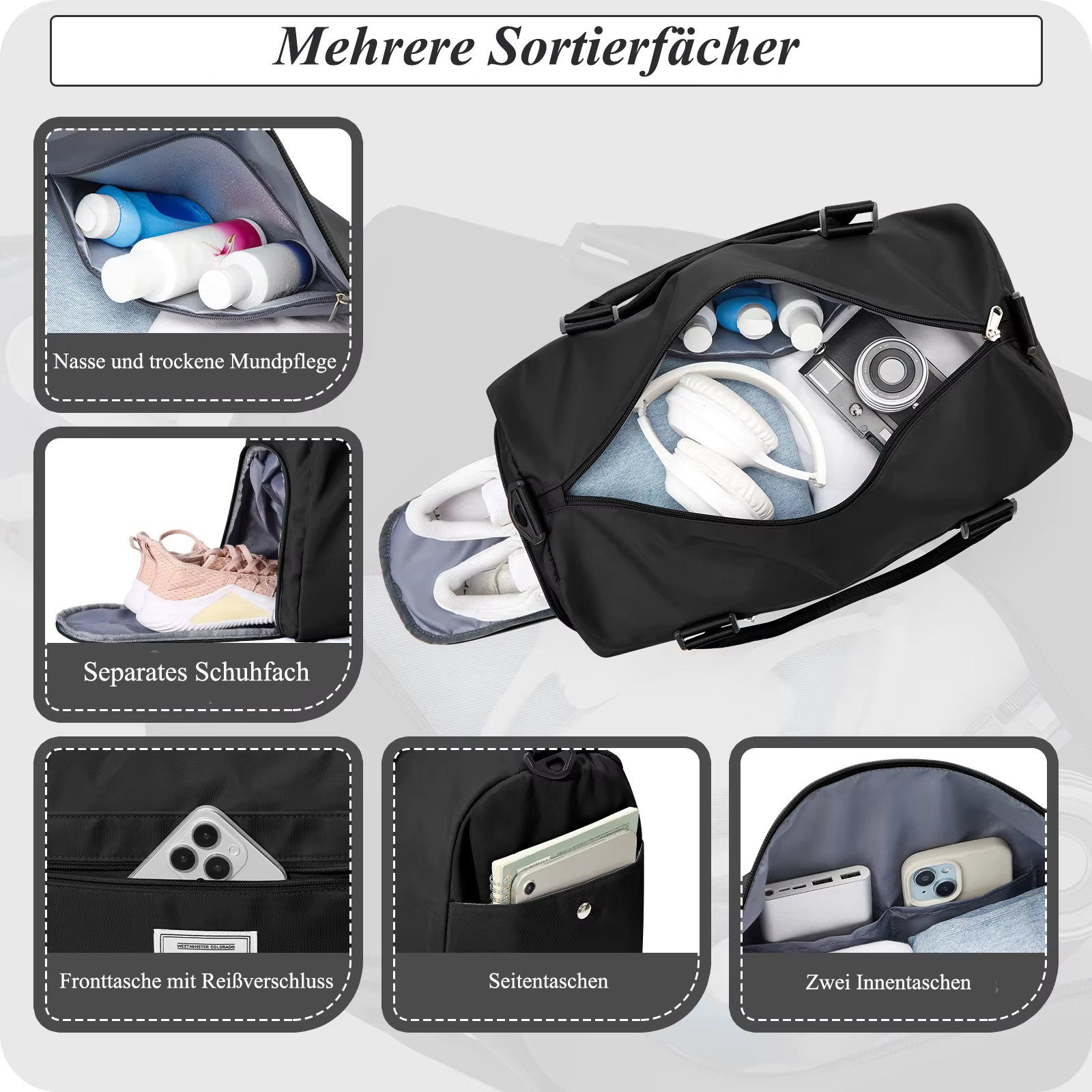 Forrlite Reisetasche Sporttasche wasserdicht Handgepäck-Taschen mit Nassfach & Schuhfach (35L großes Fassungsvermögen, verstellbaren Schultergurten Fitnesstasche, Wasserdicht, Atmungsaktiv, Abriebfest), Travel Gym Tasche Fitnesstasche mit Schultergurt für Herren Damen