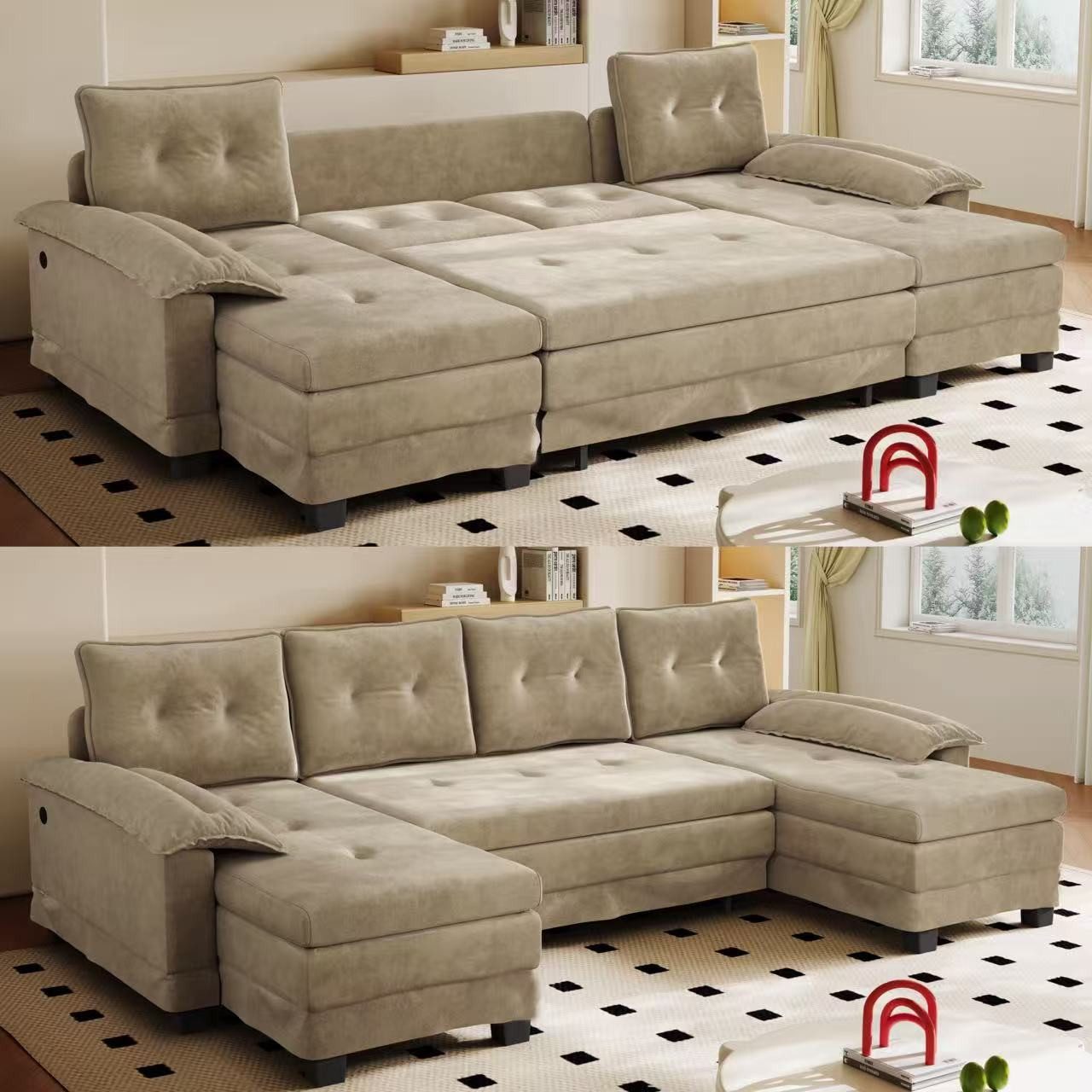 i@home Schlafsofa U-förmiges Sofa, mit Ausziehbett,USB-Ladefunktion, abnehmbaren Armlehnen, 4 Farben