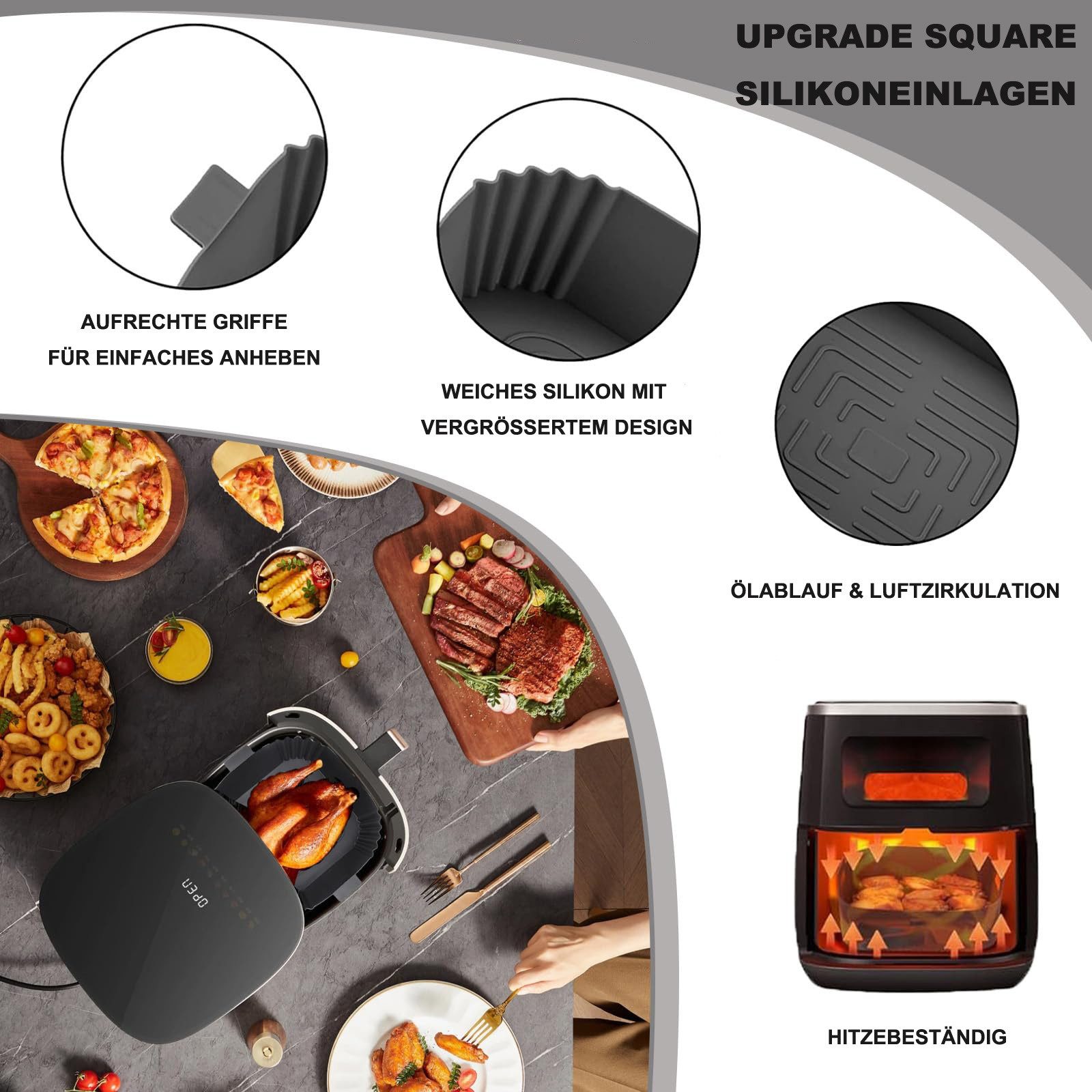 Diwzbyn Silikonform für Heißluftfritteuse – Wiederverwendbare Airfryer Einlage, (2-tlg), Antihaft & Hitzebeständig, Zubehör für runde und eckige Körbe