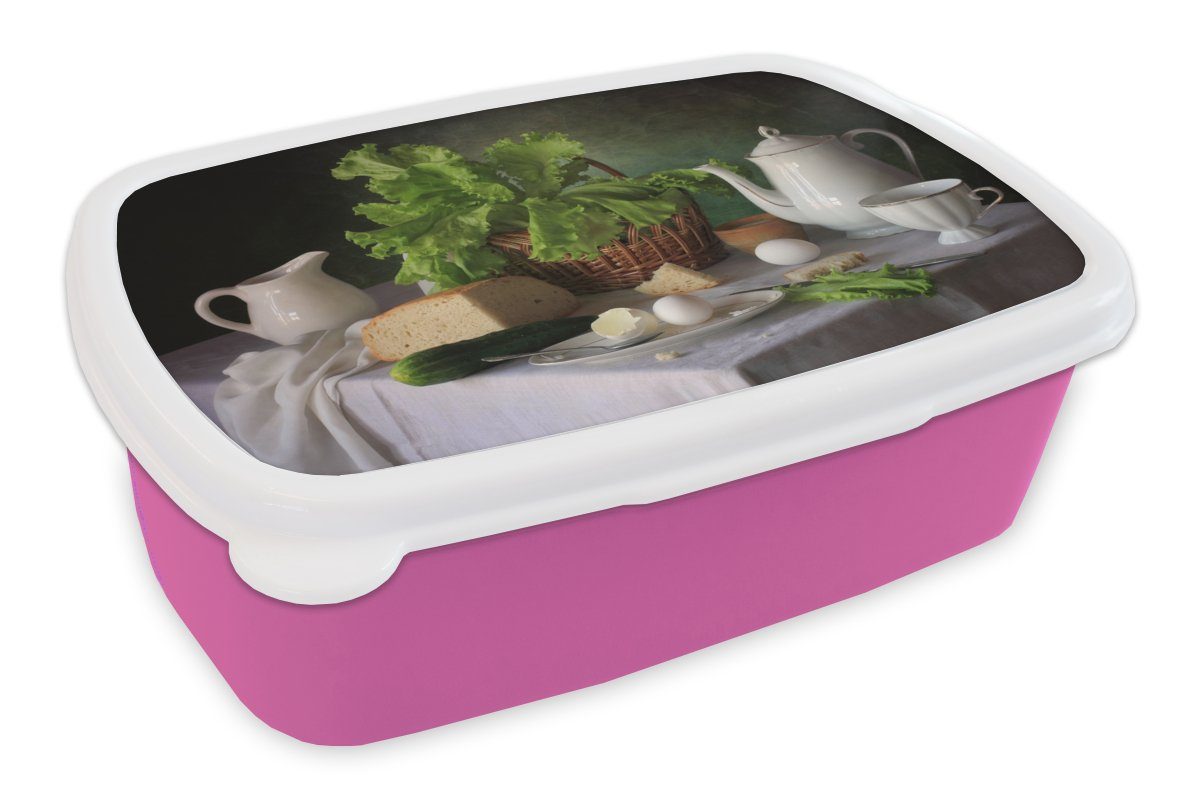 MuchoWow Lunchbox Stilleben - Lebensmittel - Teekanne - Käse - Krug - Salat - Eier, Kunststoff, (2-tlg), Brotbox für Erwachsene, Brotdose Kinder, Snackbox, Mädchen, Kunststoff rosa