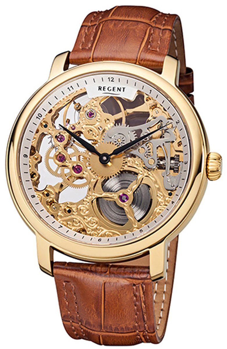 Regent Quarzuhr Regent Herren Uhr GM-1461 45mm), groß (ca. Herren Leder, rund, Armbanduhr Lederarmband
