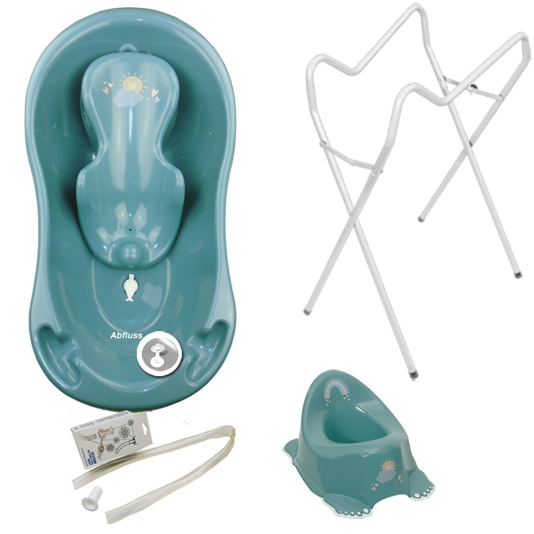 Tega-Baby Babybadewanne 4 Teile SET AB- METEO Türkis + Ständer Weiß -Abflussset Babybadeset, (Premium.set Made in Europe), Wanne+ Badesitz+ Töpfchen+ Ablauf Set+ Ständer