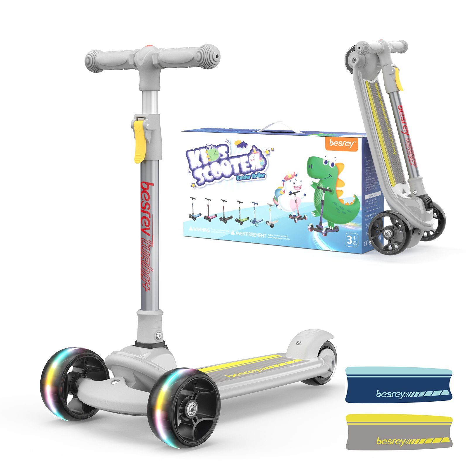 Räder Kinderroller mit faltbar höhenverstellbarer 3 Kinder besrey Dreiradscooter LED Scooter