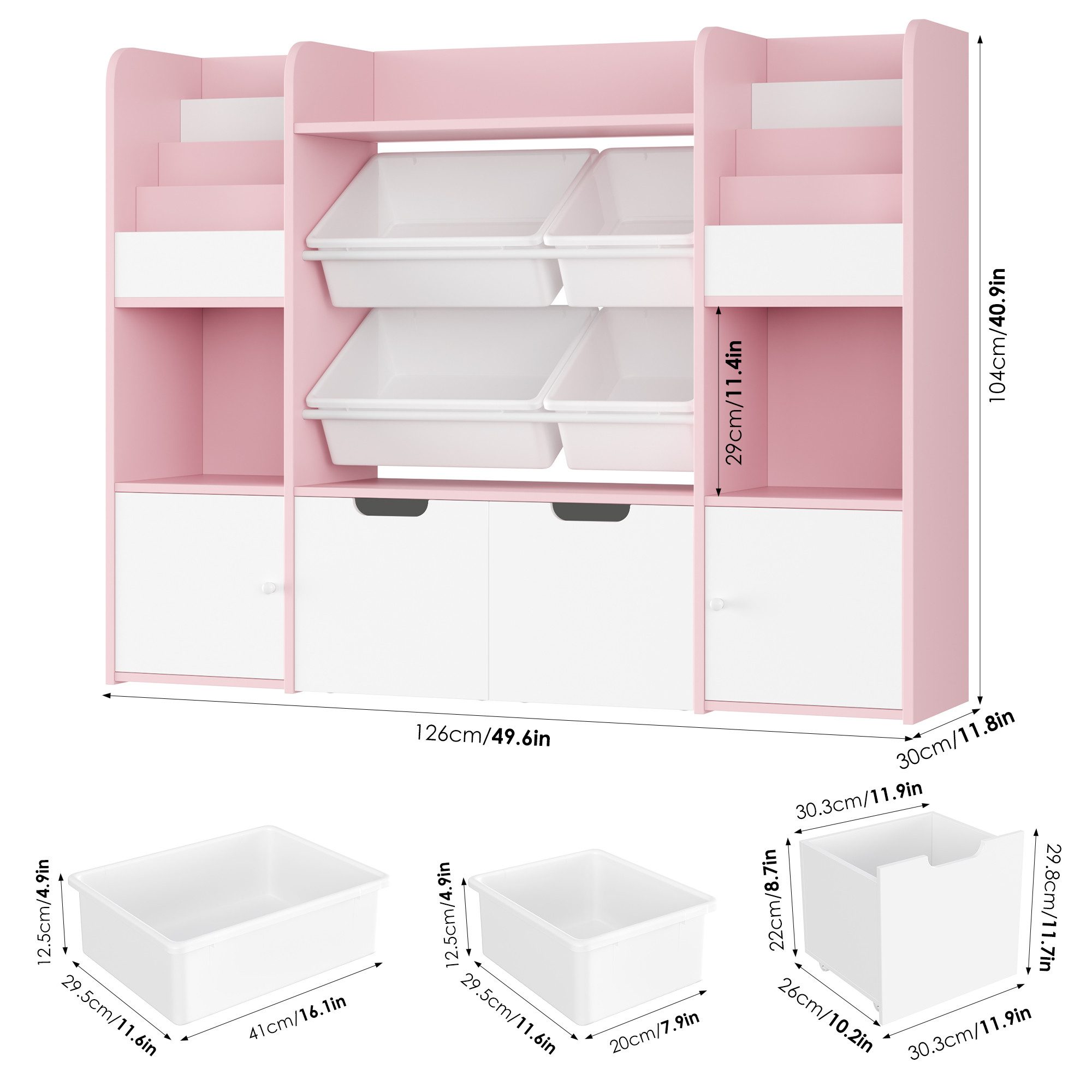 Homfa Spielzeugtruhe Kinderregal mit 2 Schubladen auf Rollen & 4 Boxen Bücherregal, Kinderbücherregal Spiegelregal mit Tür 122x100x30 cm weiß und rosa