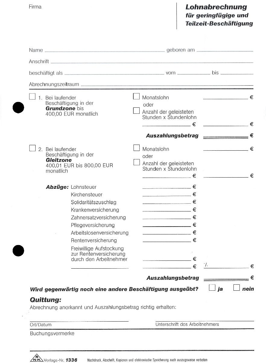 Formularblock Lohnabrechnungsblock A5 Minijobs Abheftlochung vorhanden A5 50 Blatt.